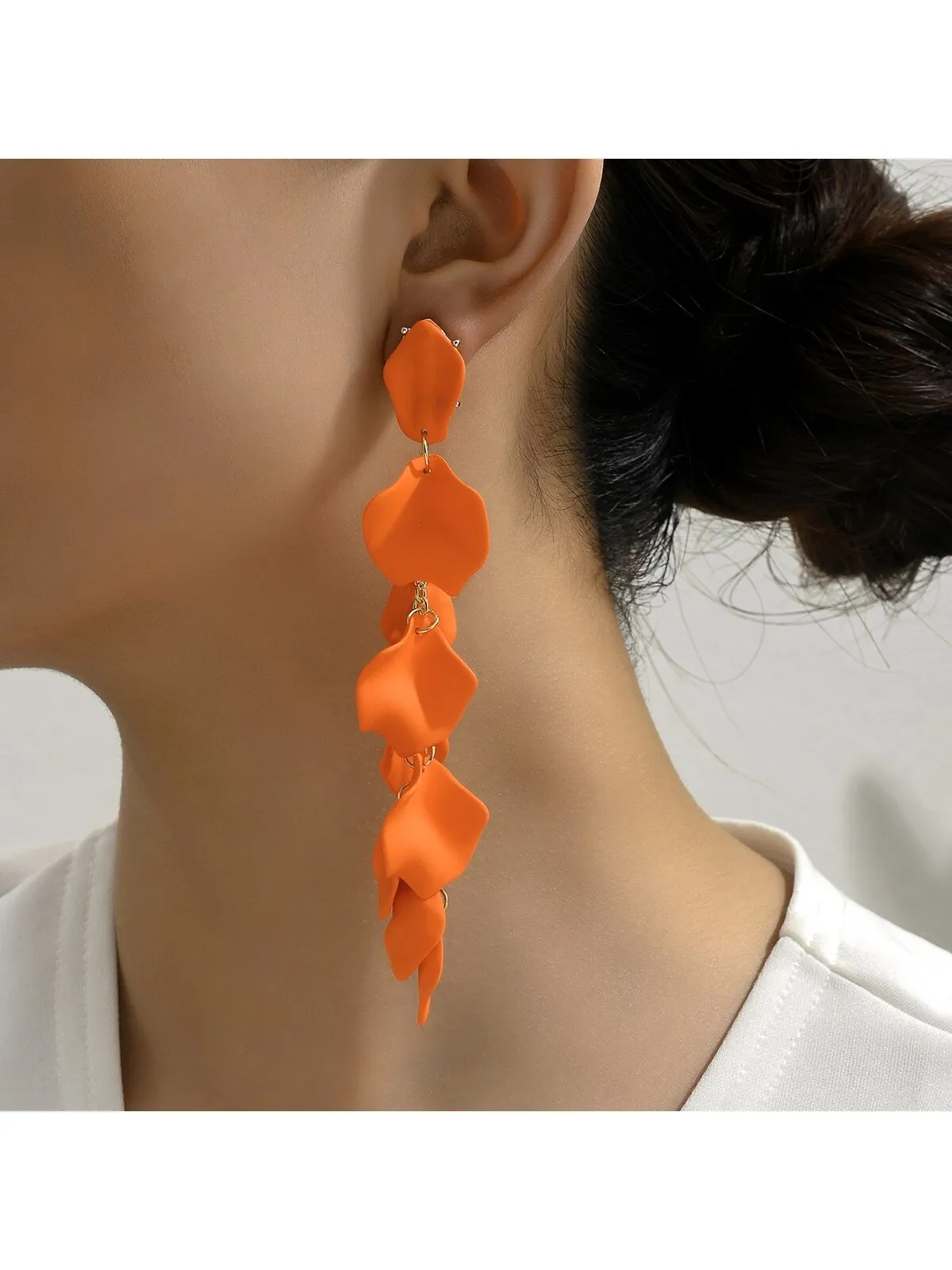 1 pair Summer Vacation Style Elegant Orange Rose  Petal  Long Tassel Dangle Earrings For Banquet Prom Party