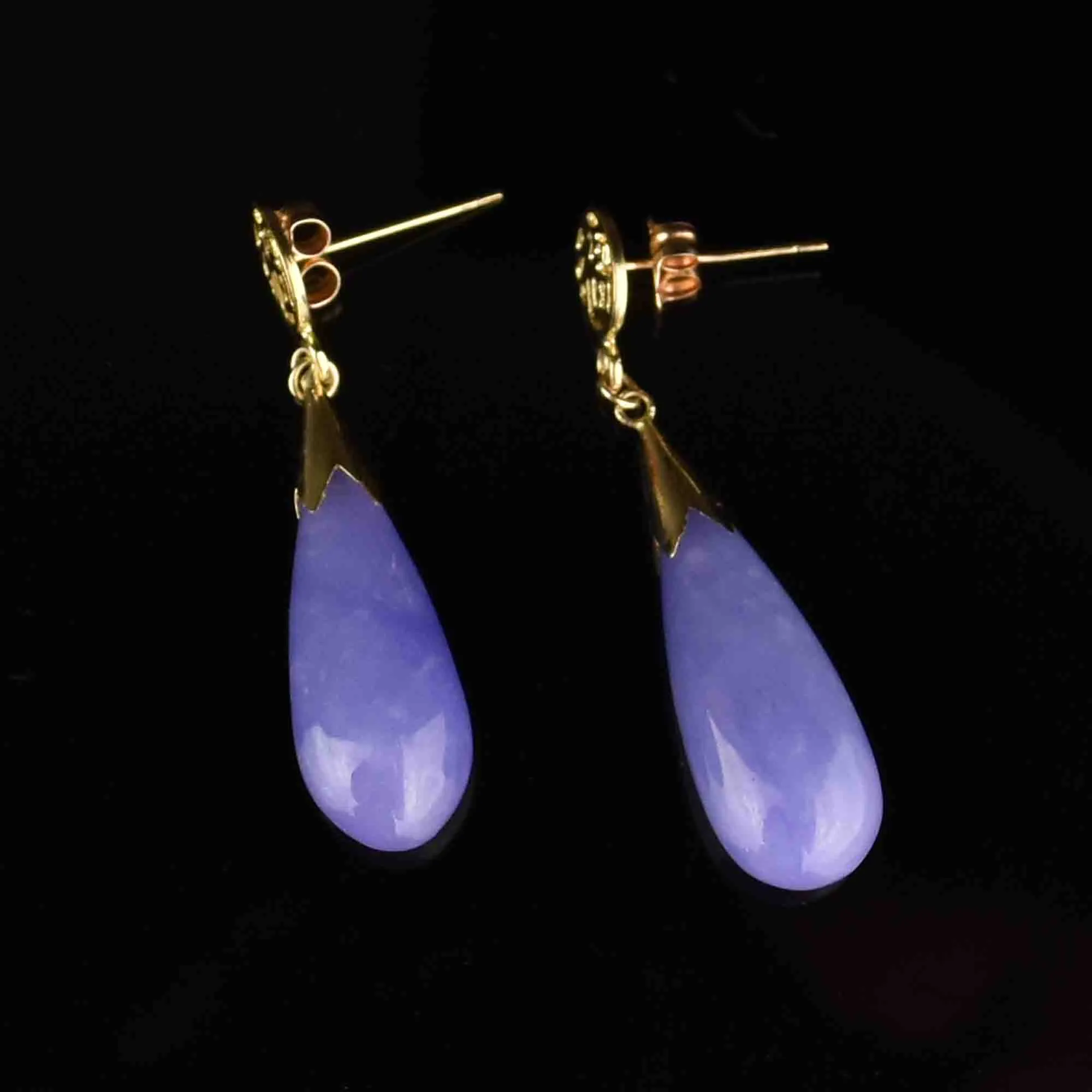 10K Gold Lavender Jade Wide Drop Earrings