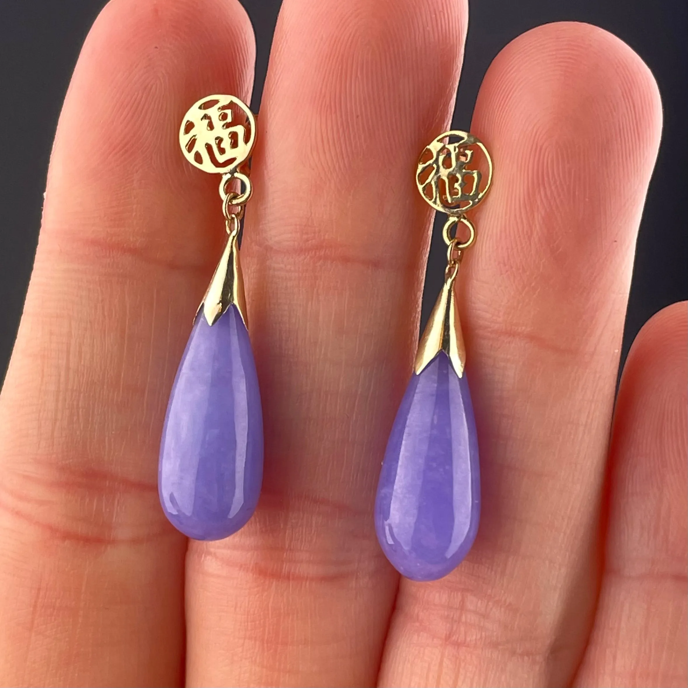 10K Gold Lavender Jade Wide Drop Earrings