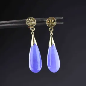 10K Gold Lavender Jade Wide Drop Earrings