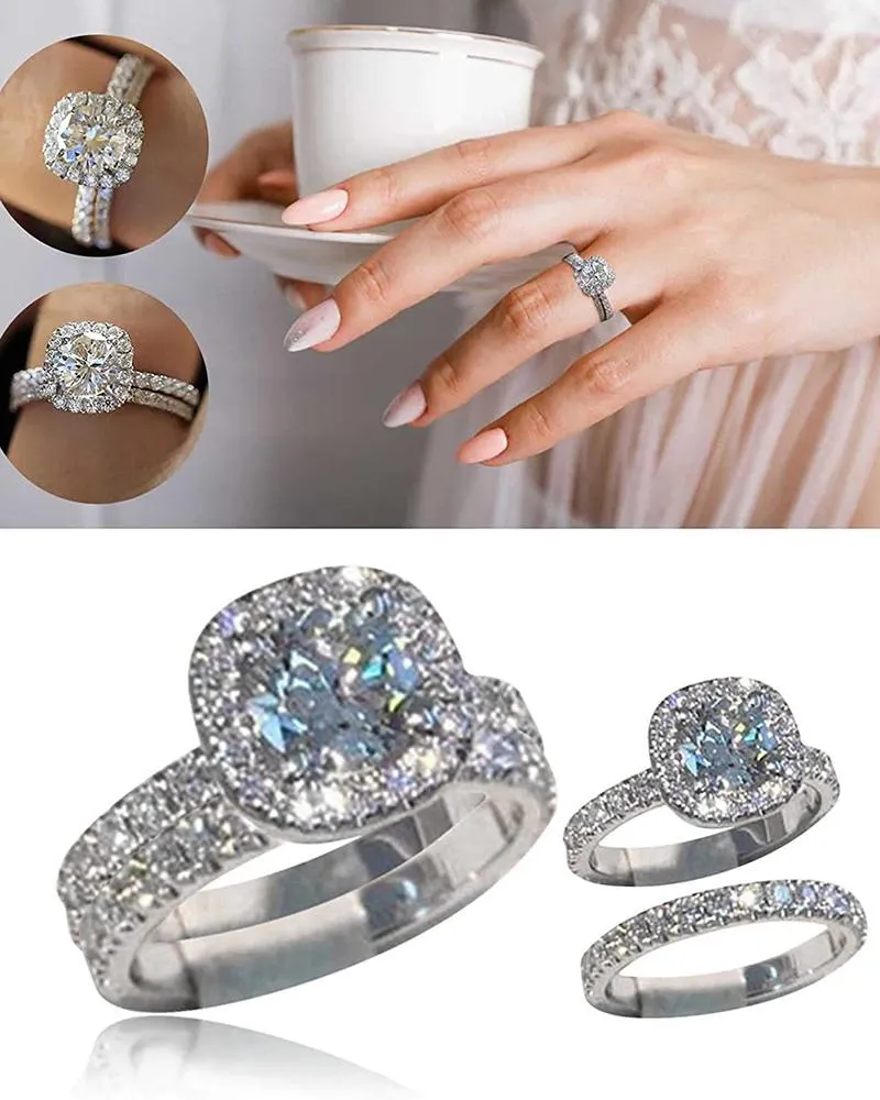 2pcs Zircon Rhinestone Geometric Matching Rings Set