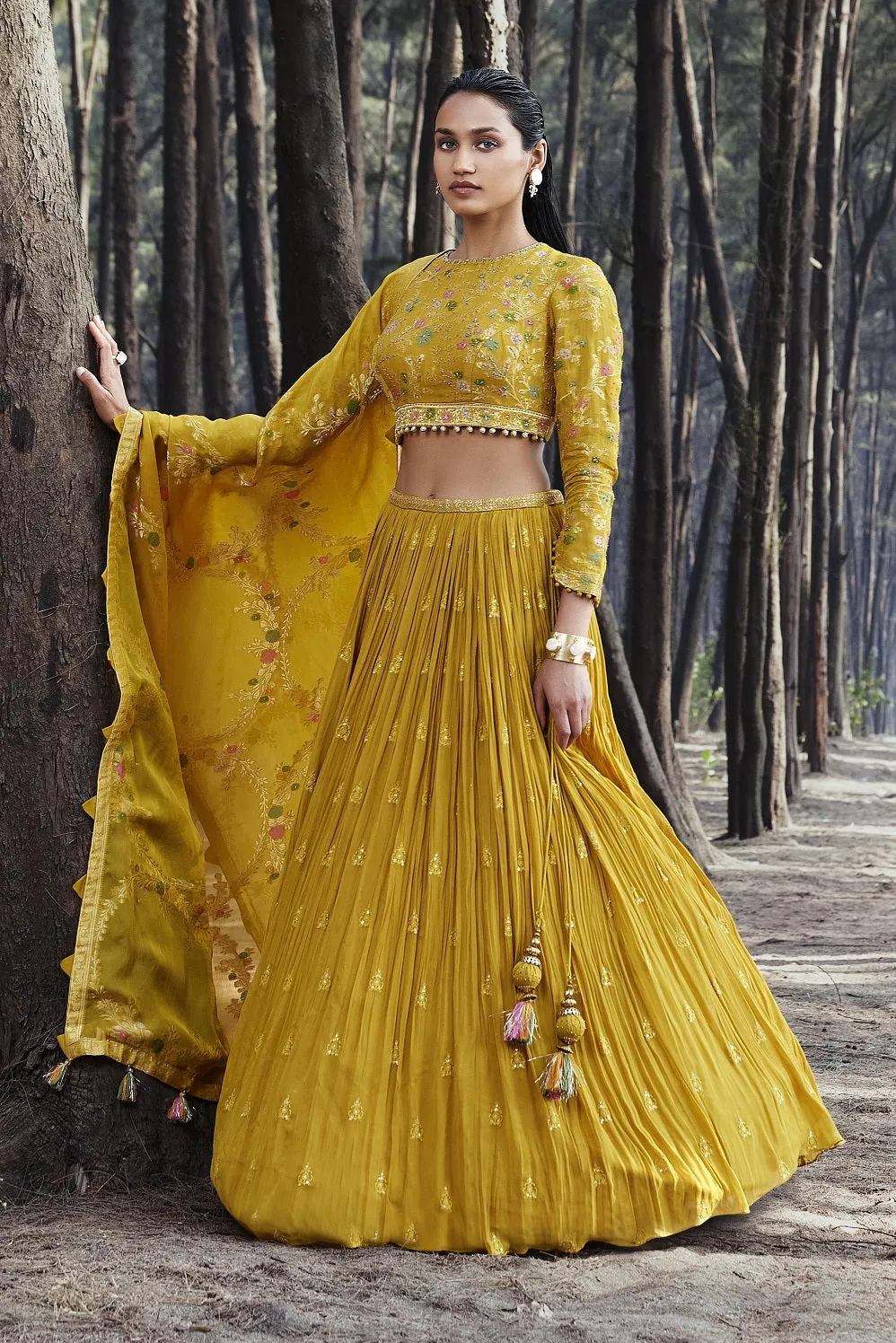 310070 Mustard Embroidered Georgette Lehenga with Dupatta