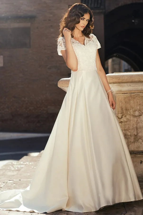 A-Line Short-Sleeve V-Neck Floor-Length Satin&Lace Wedding Dress-MK_705427