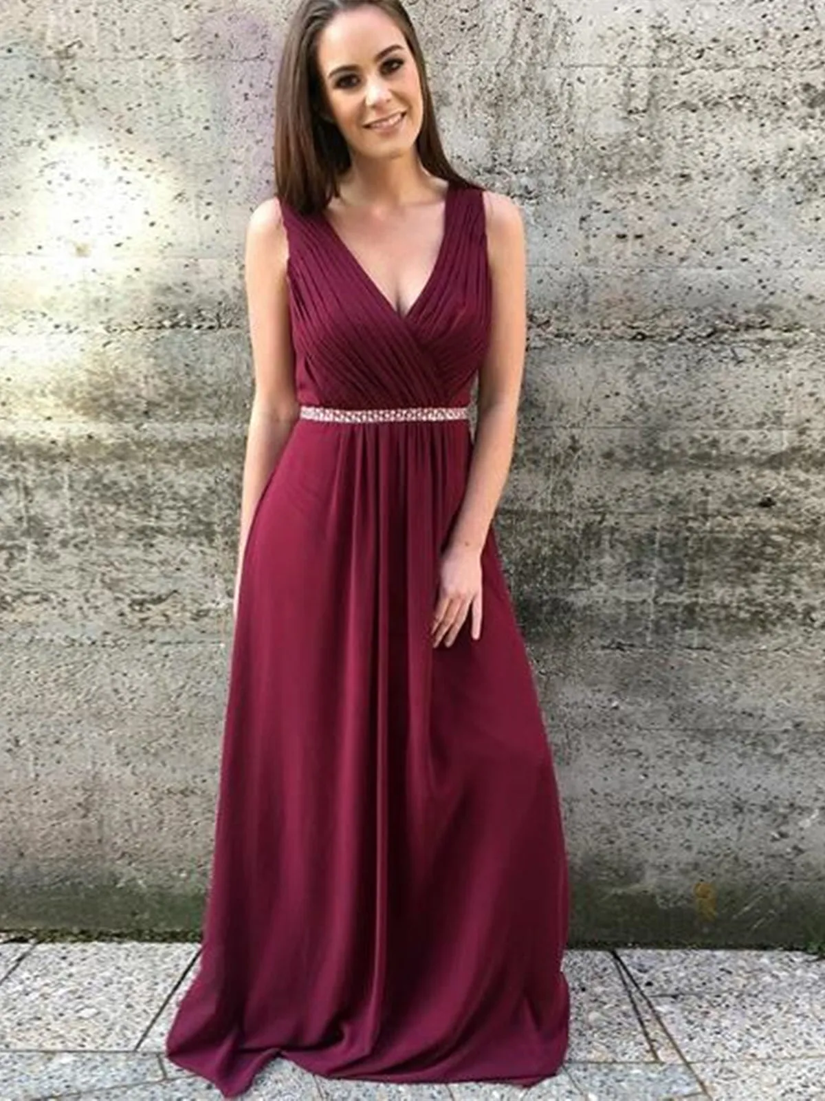 A Line V Neck Burgundy Long Prom Dresses, V Neck Burgundy Formal Graduation Evening Dresses SP2173