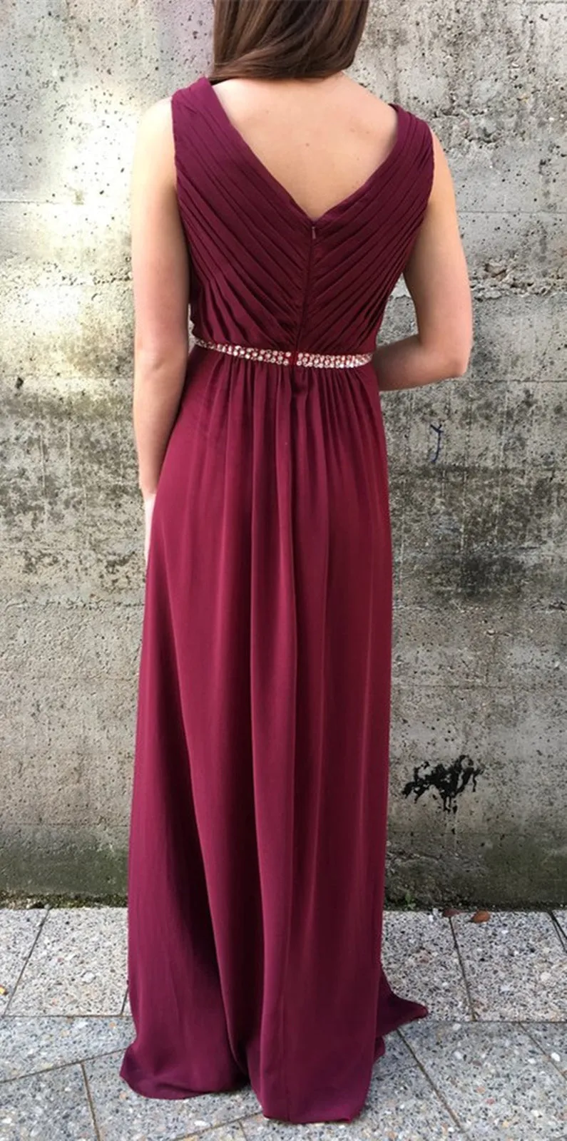 A Line V Neck Burgundy Long Prom Dresses, V Neck Burgundy Formal Graduation Evening Dresses SP2173