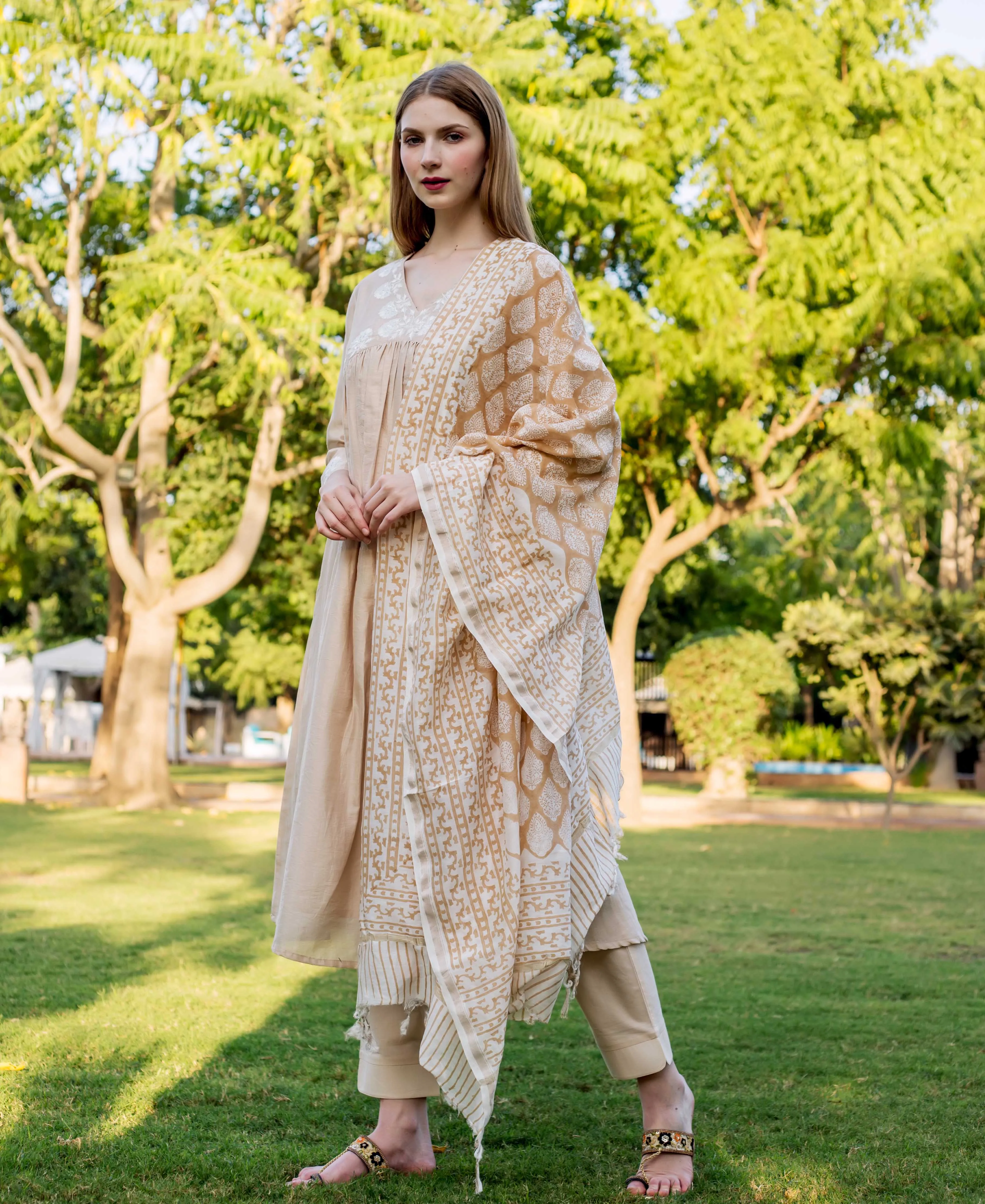 Aanandita Beige Chanderi Embroidered  Kurta