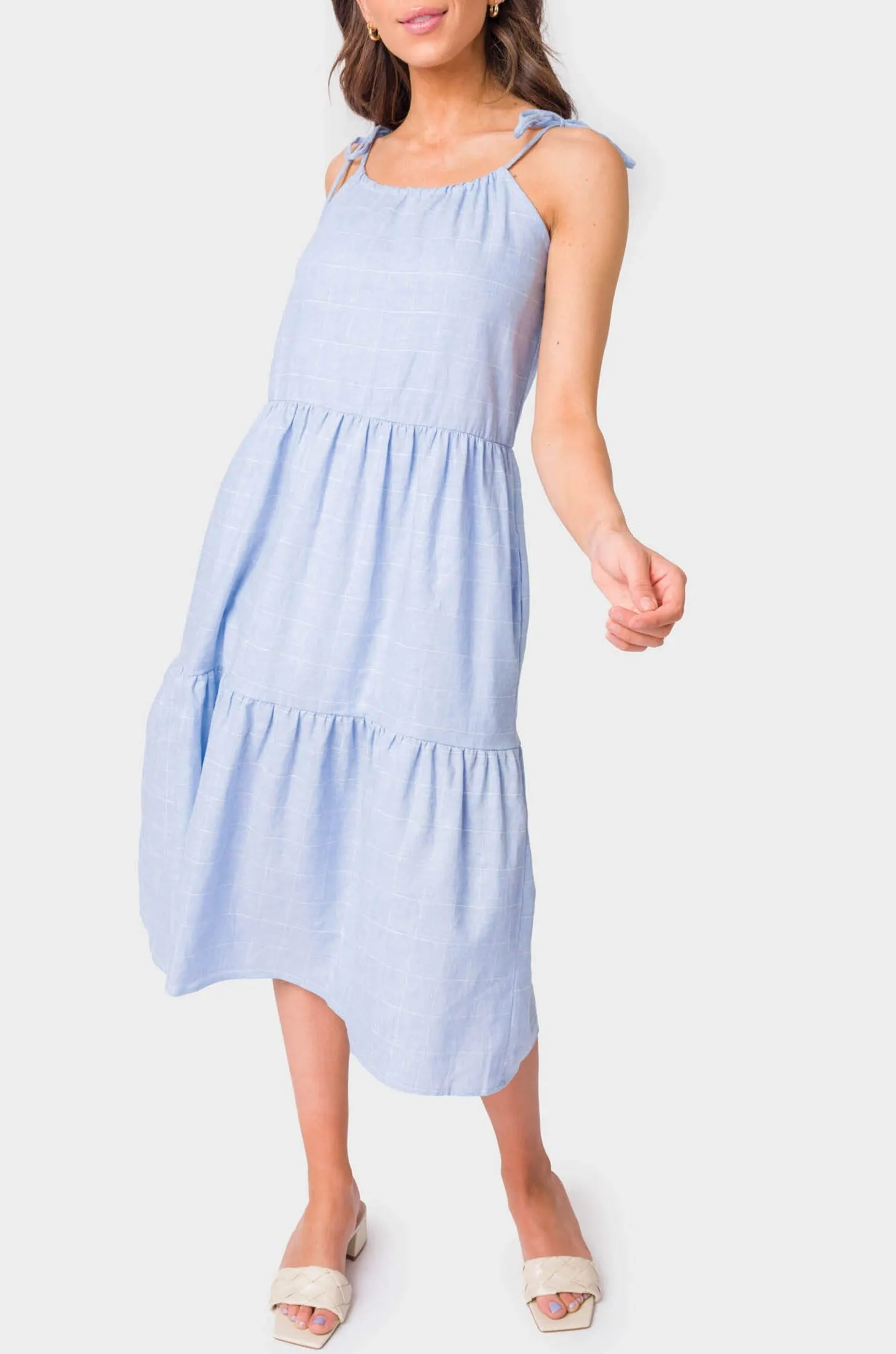 Adjustable Drawstring Tiered Midi Dress