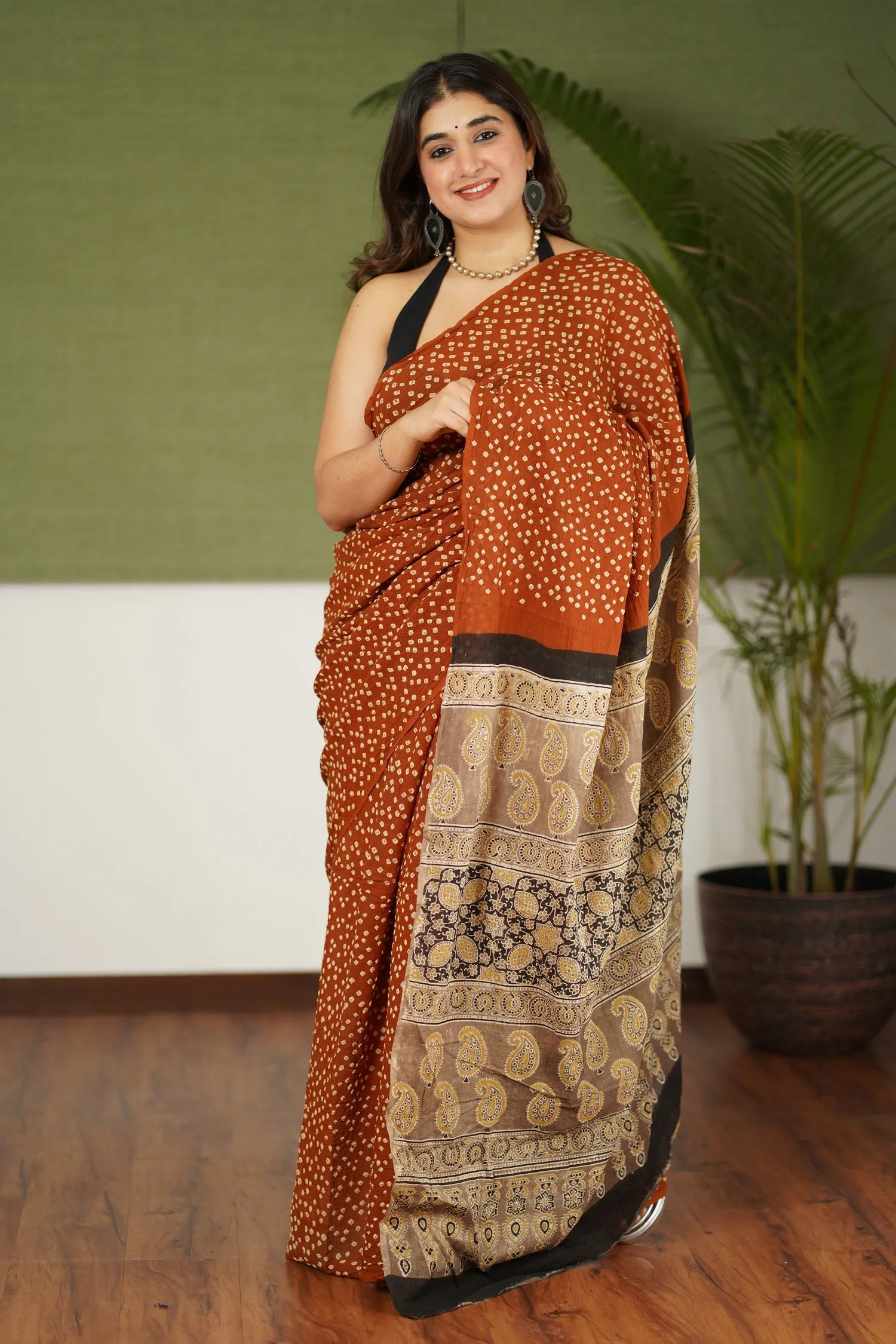 Ajrakh Bandhani Mul Cotton Saree