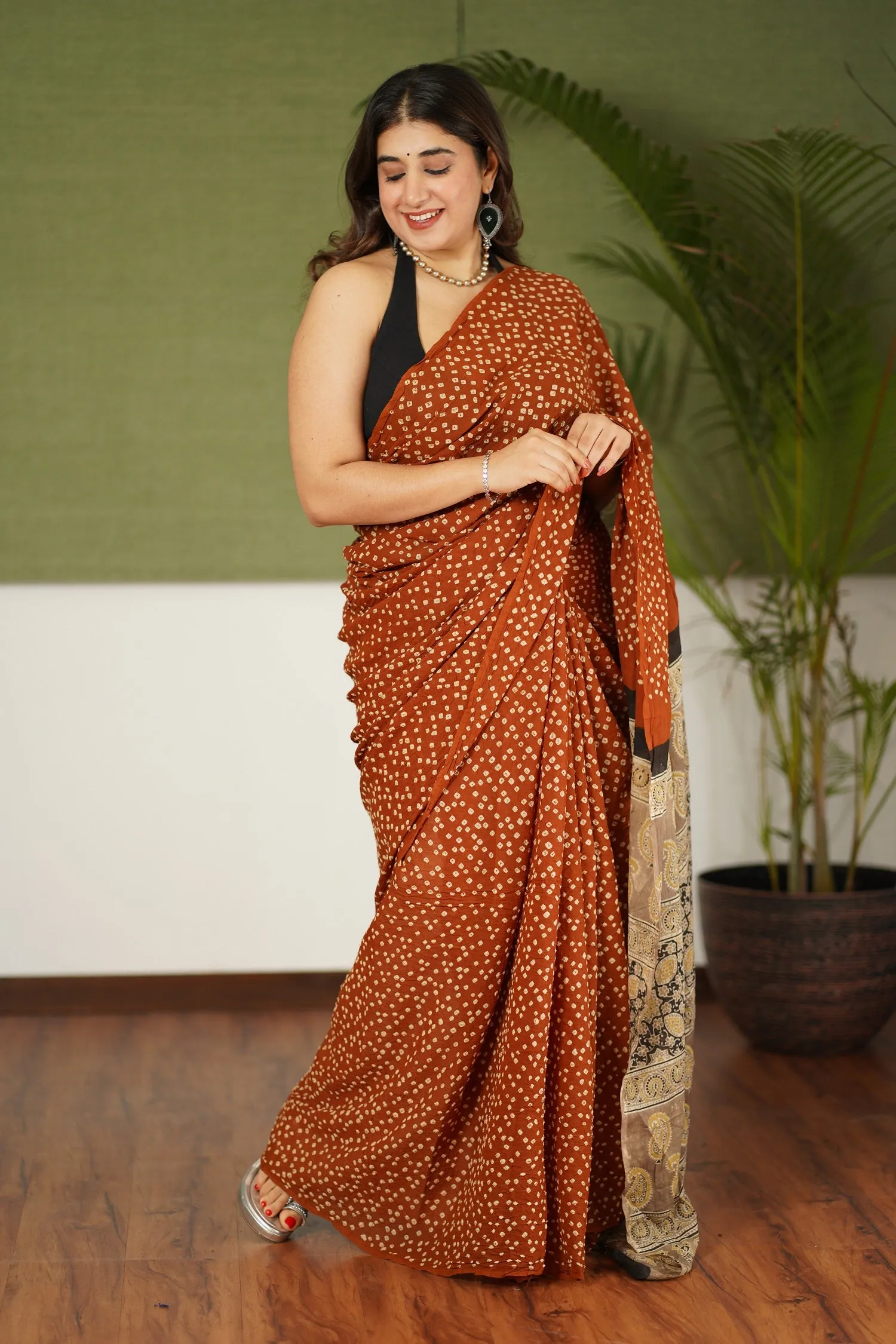 Ajrakh Bandhani Mul Cotton Saree