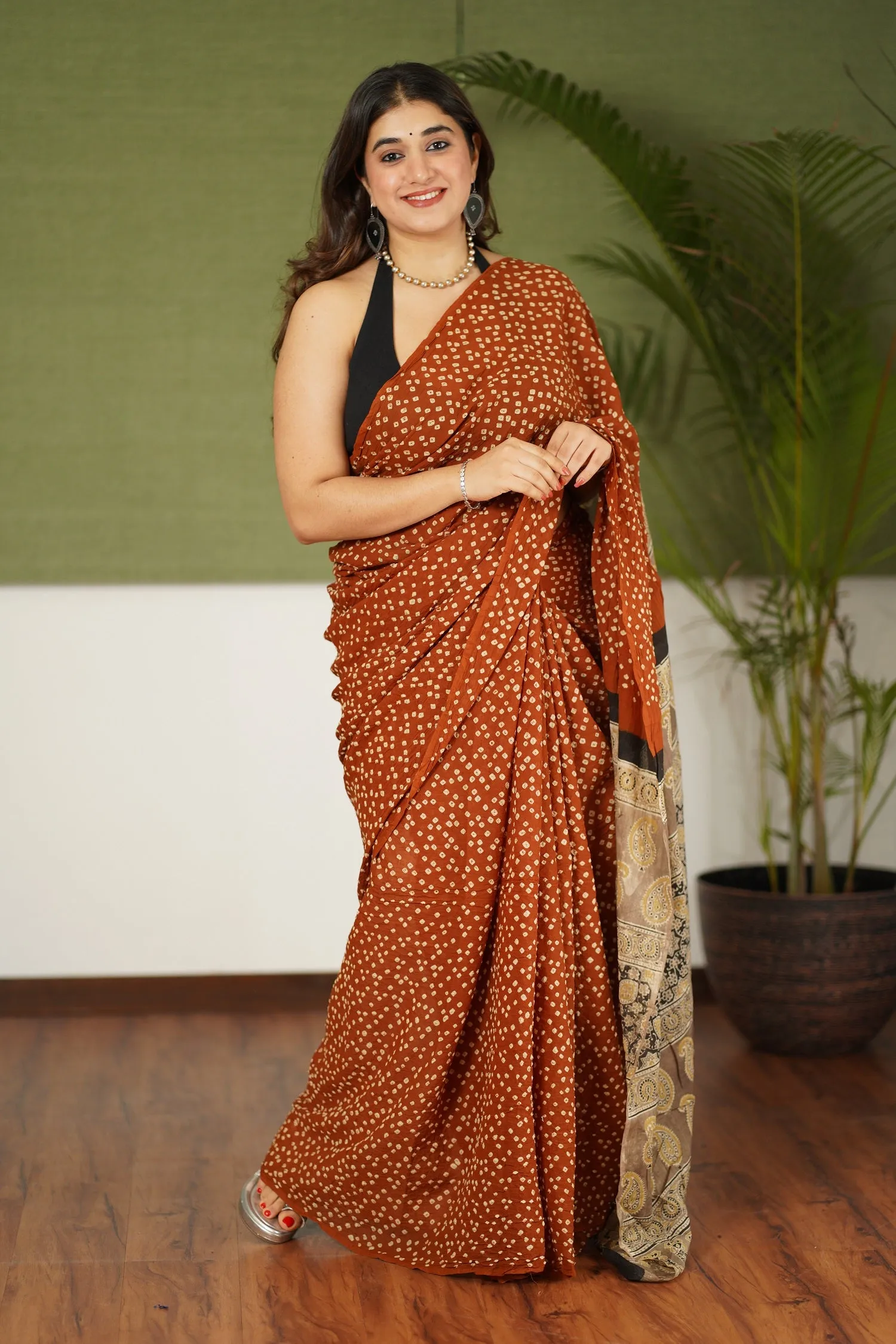 Ajrakh Bandhani Mul Cotton Saree