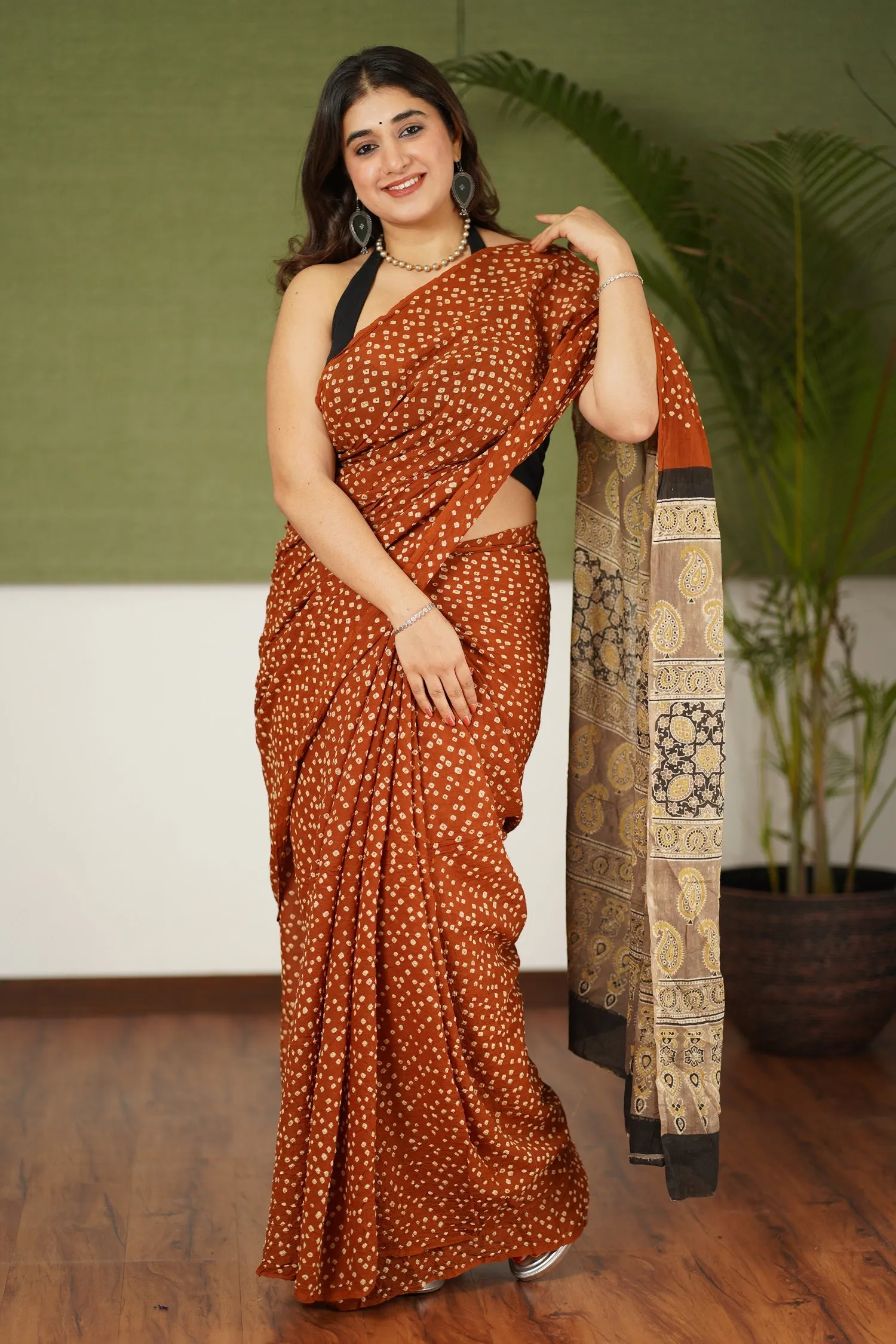 Ajrakh Bandhani Mul Cotton Saree