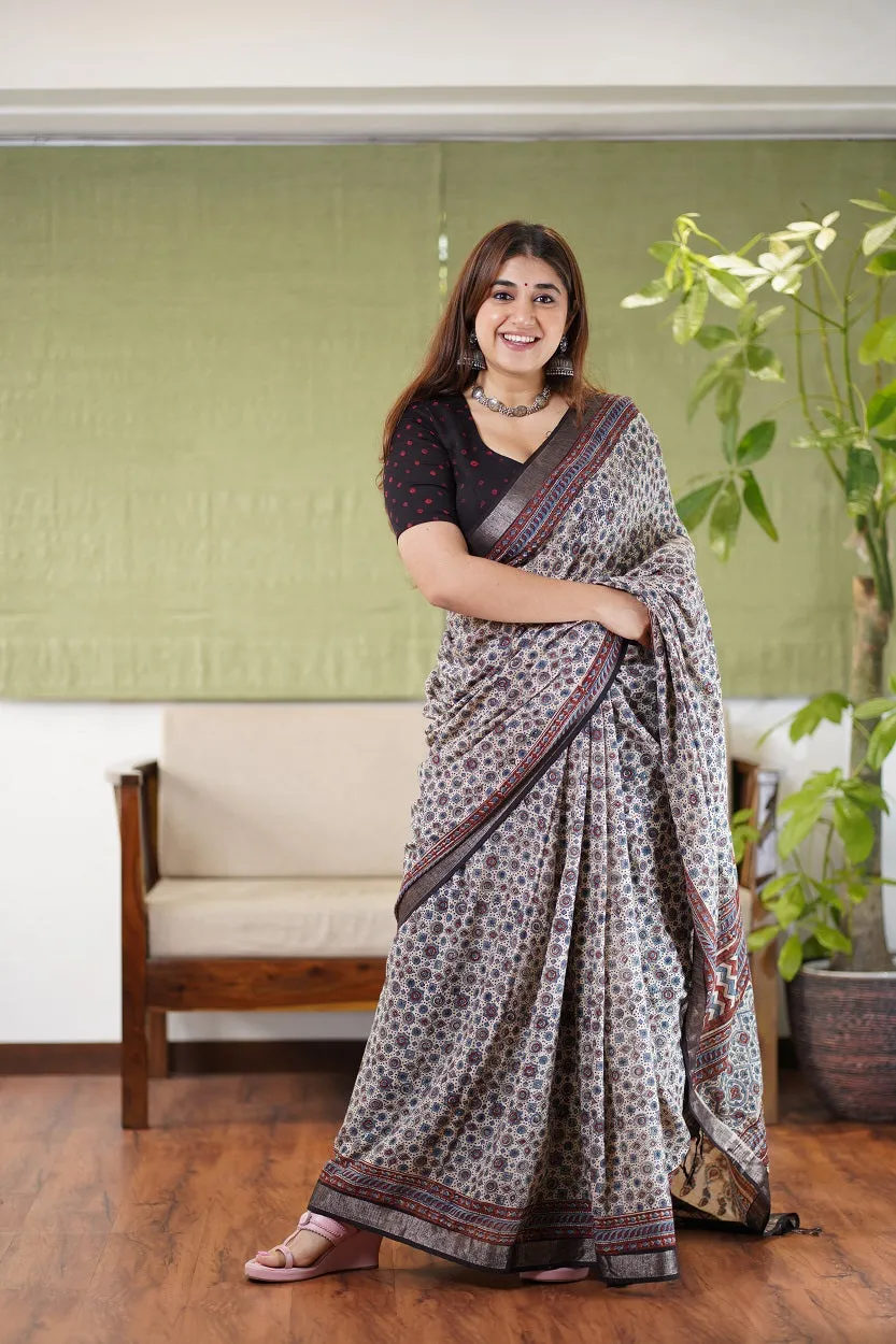 Ajrakh Hand Block Printed slub saree