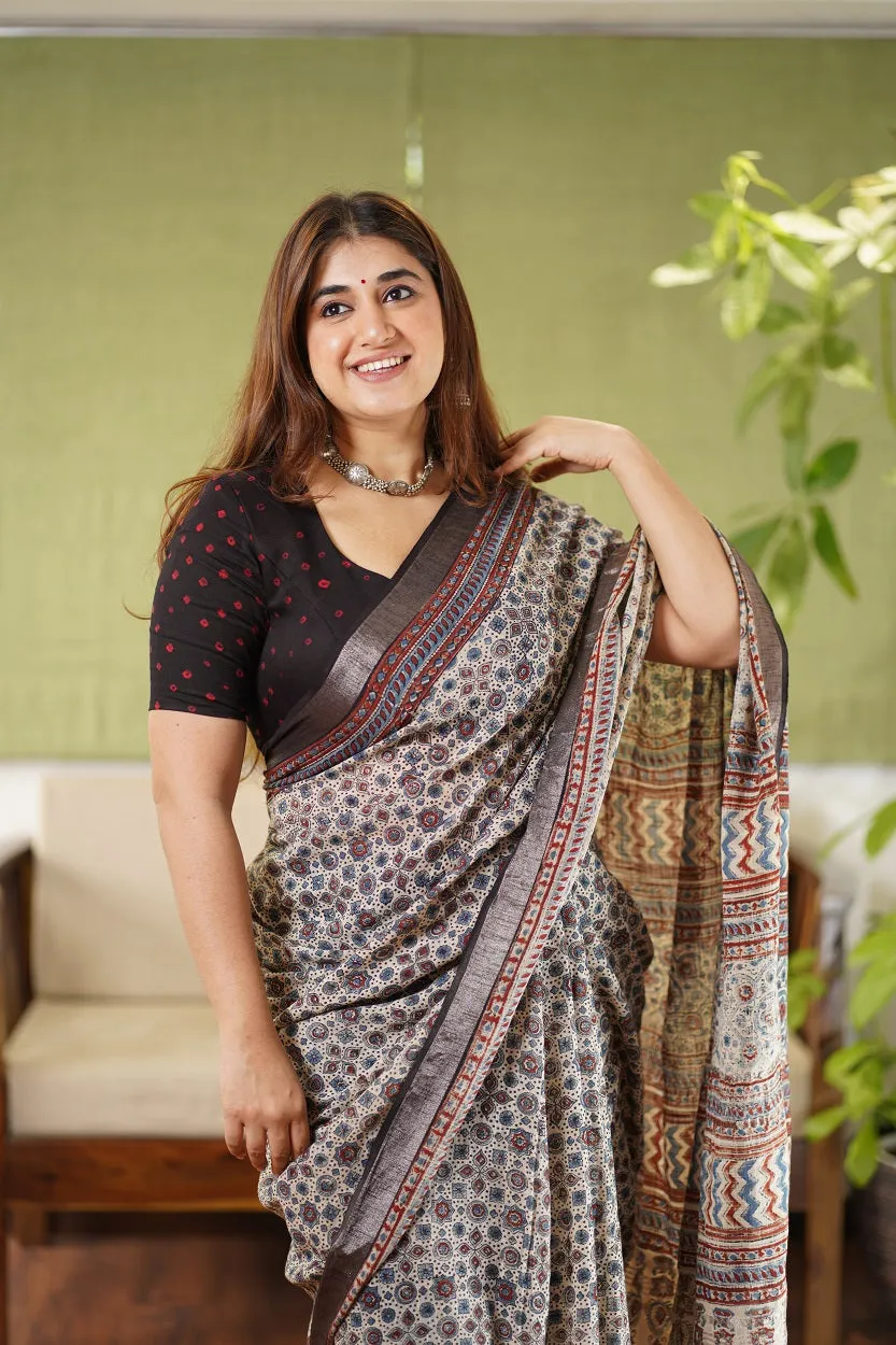 Ajrakh Hand Block Printed slub saree