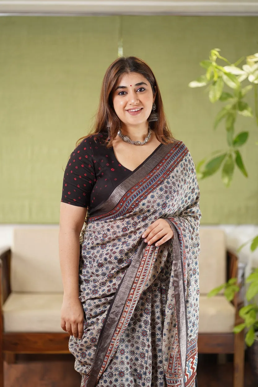 Ajrakh Hand Block Printed slub saree