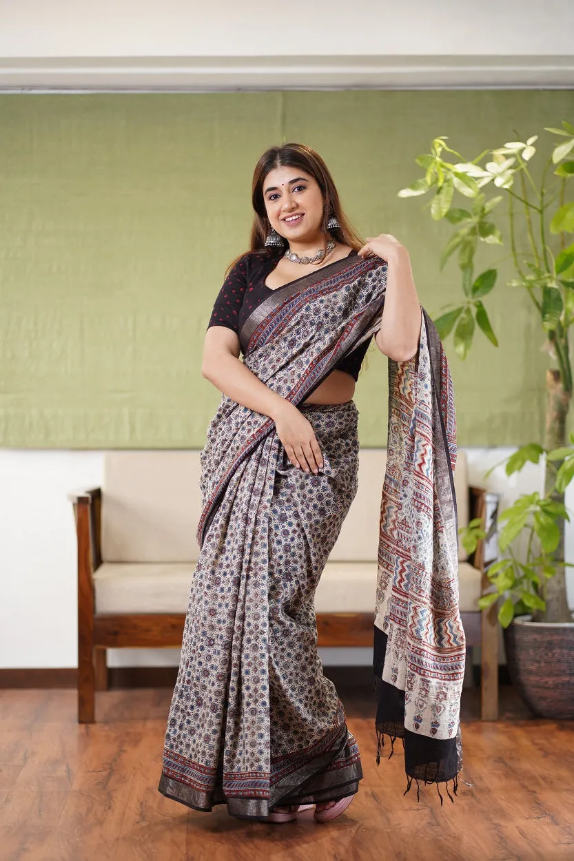 Ajrakh Hand Block Printed slub saree