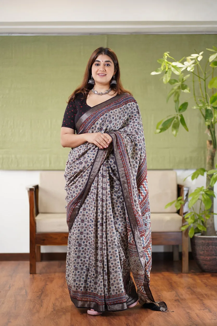 Ajrakh Hand Block Printed slub saree