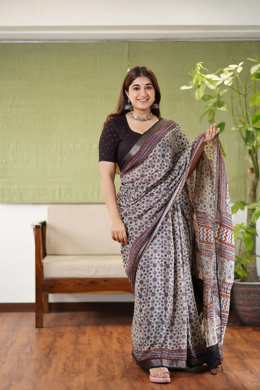 Ajrakh Hand Block Printed slub saree