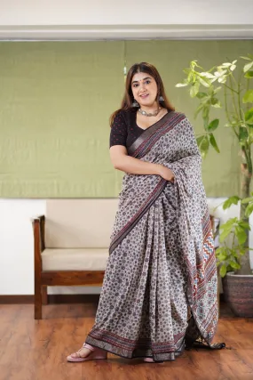 Ajrakh Hand Block Printed slub saree