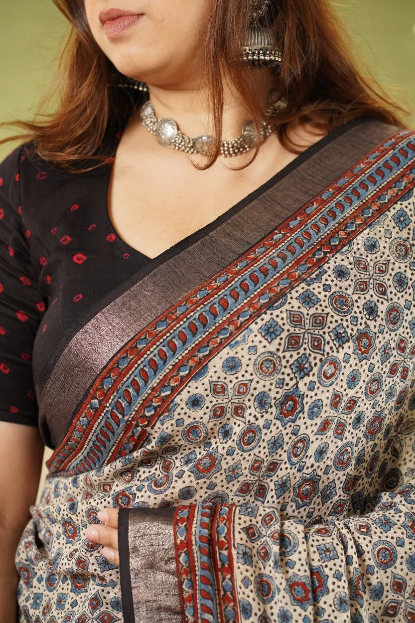 Ajrakh Hand Block Printed slub saree