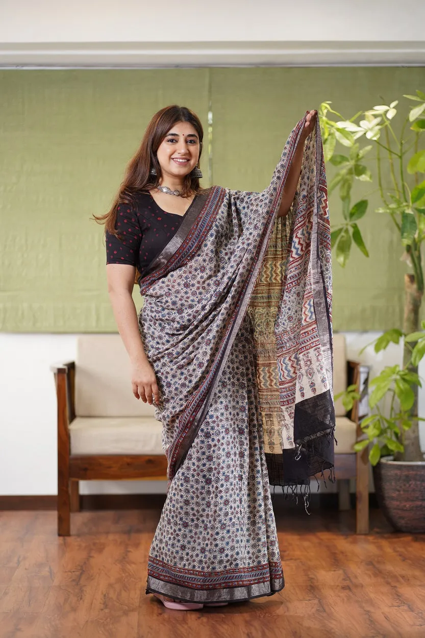 Ajrakh Hand Block Printed slub saree