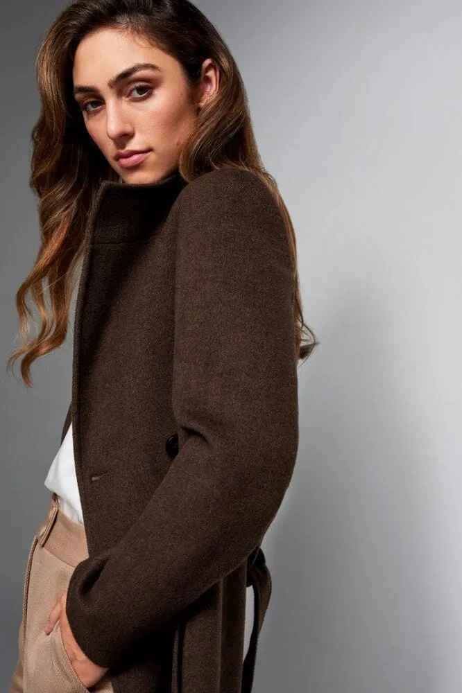 Amelie Tailored Wrap Coat - Brown Mocha Wool