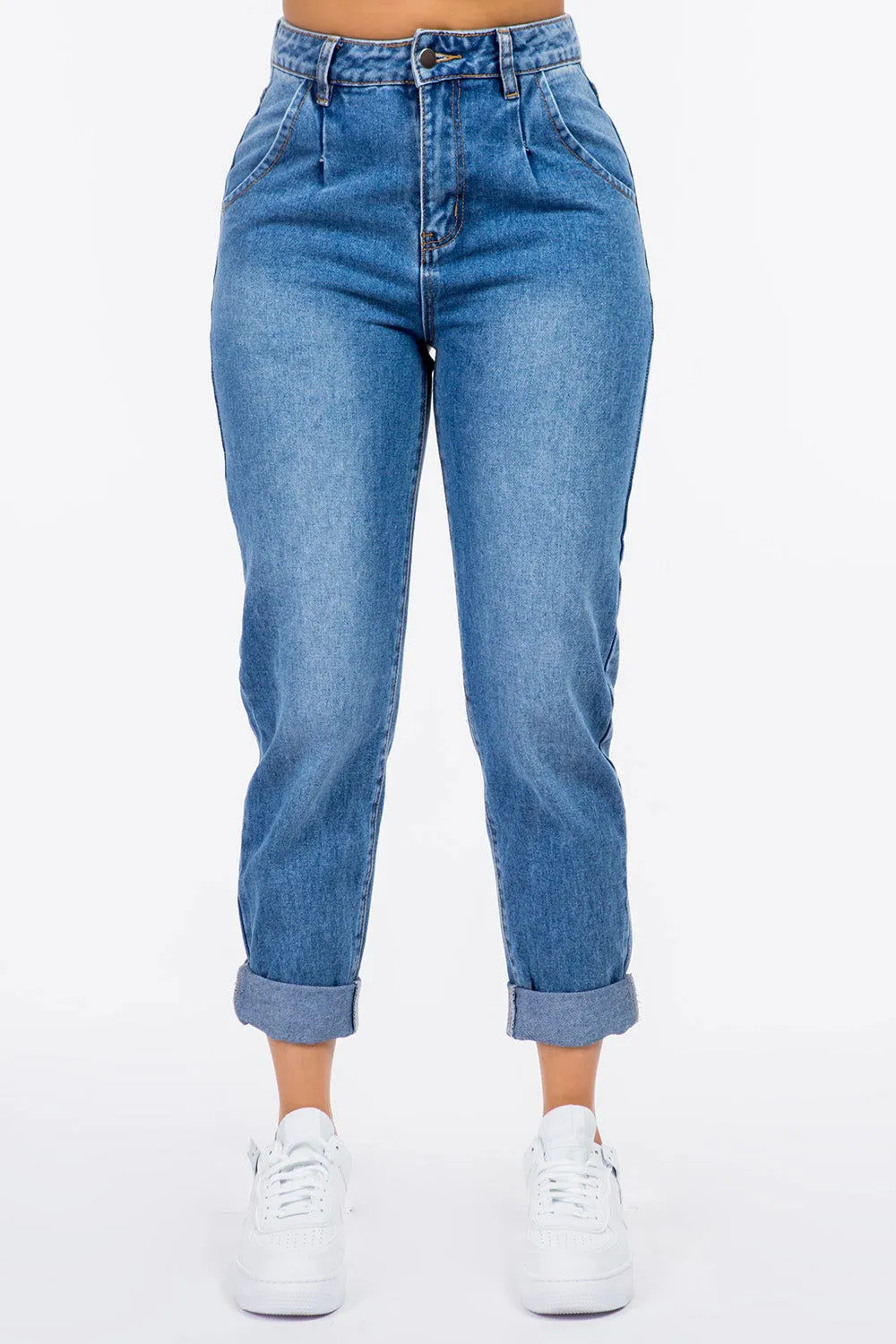 American Bazi High Waist Pleated Waist Mom Jeans