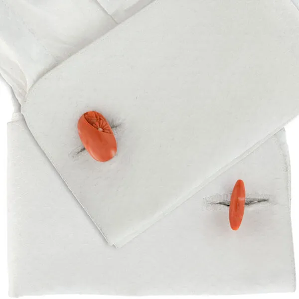 Art Deco 14kt Natural Coral Hand Carved Flower Cufflinks