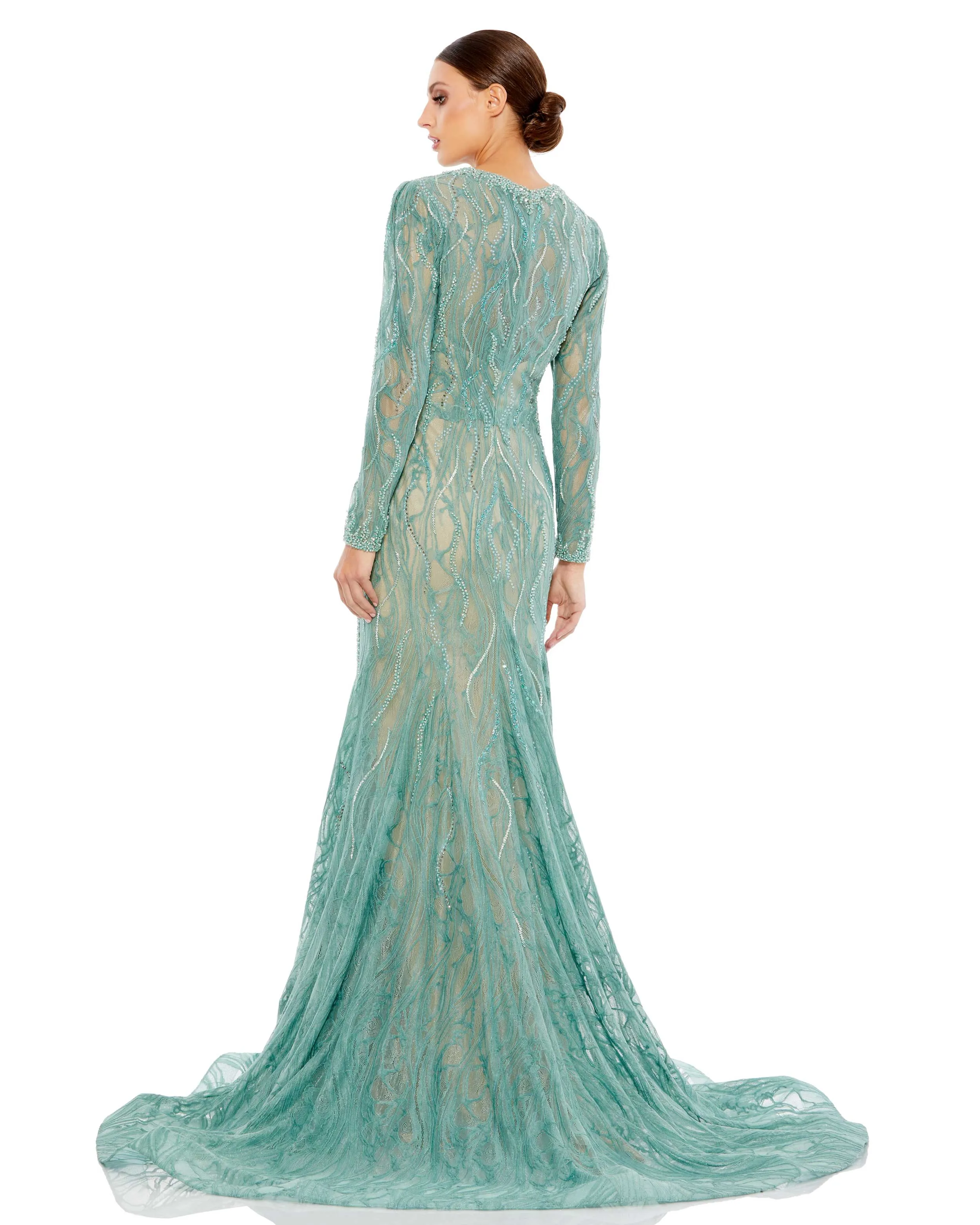 Beaded Illusion Long Sleeve Plunge Neck Gown