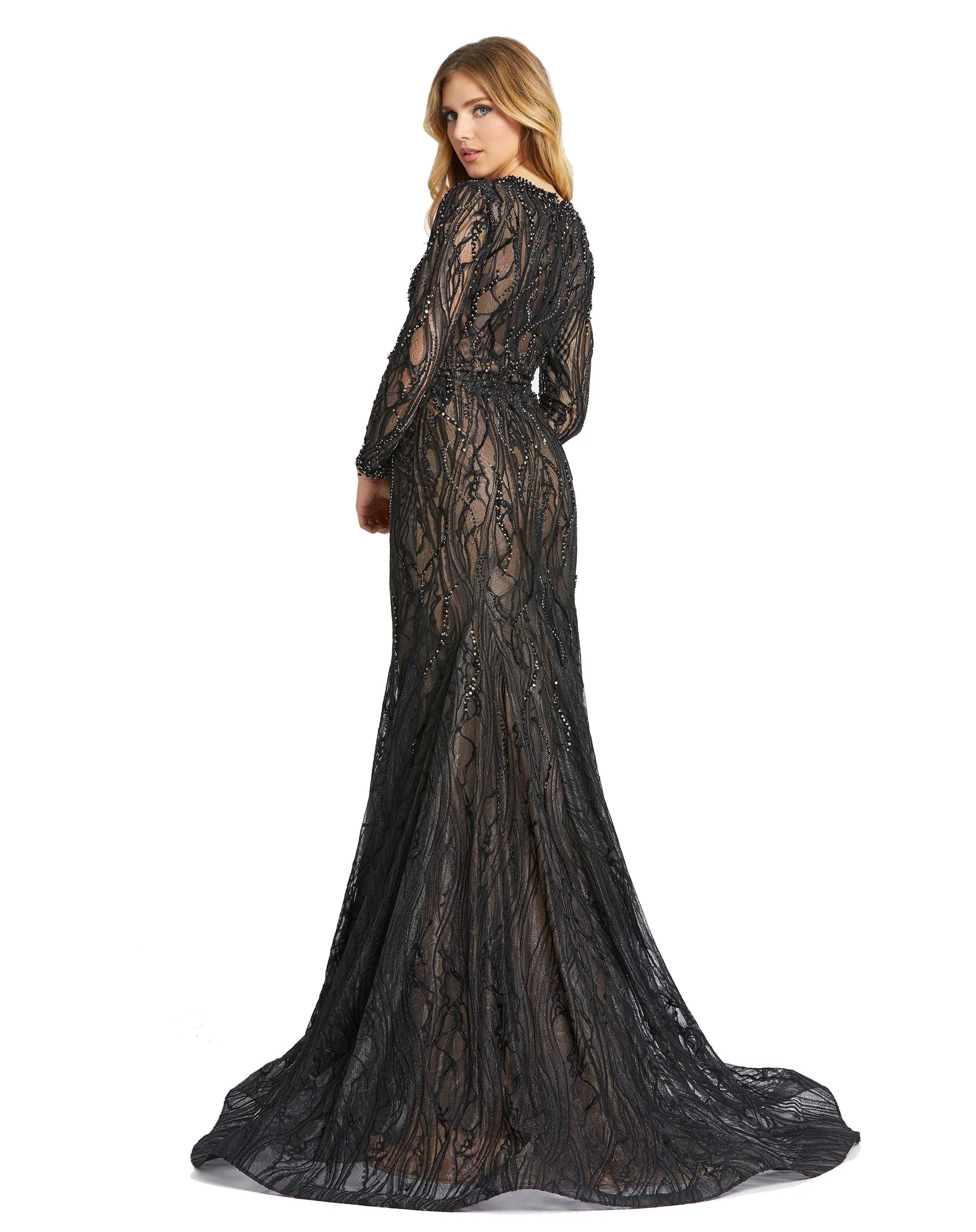 Beaded Illusion Long Sleeve Plunge Neck Gown