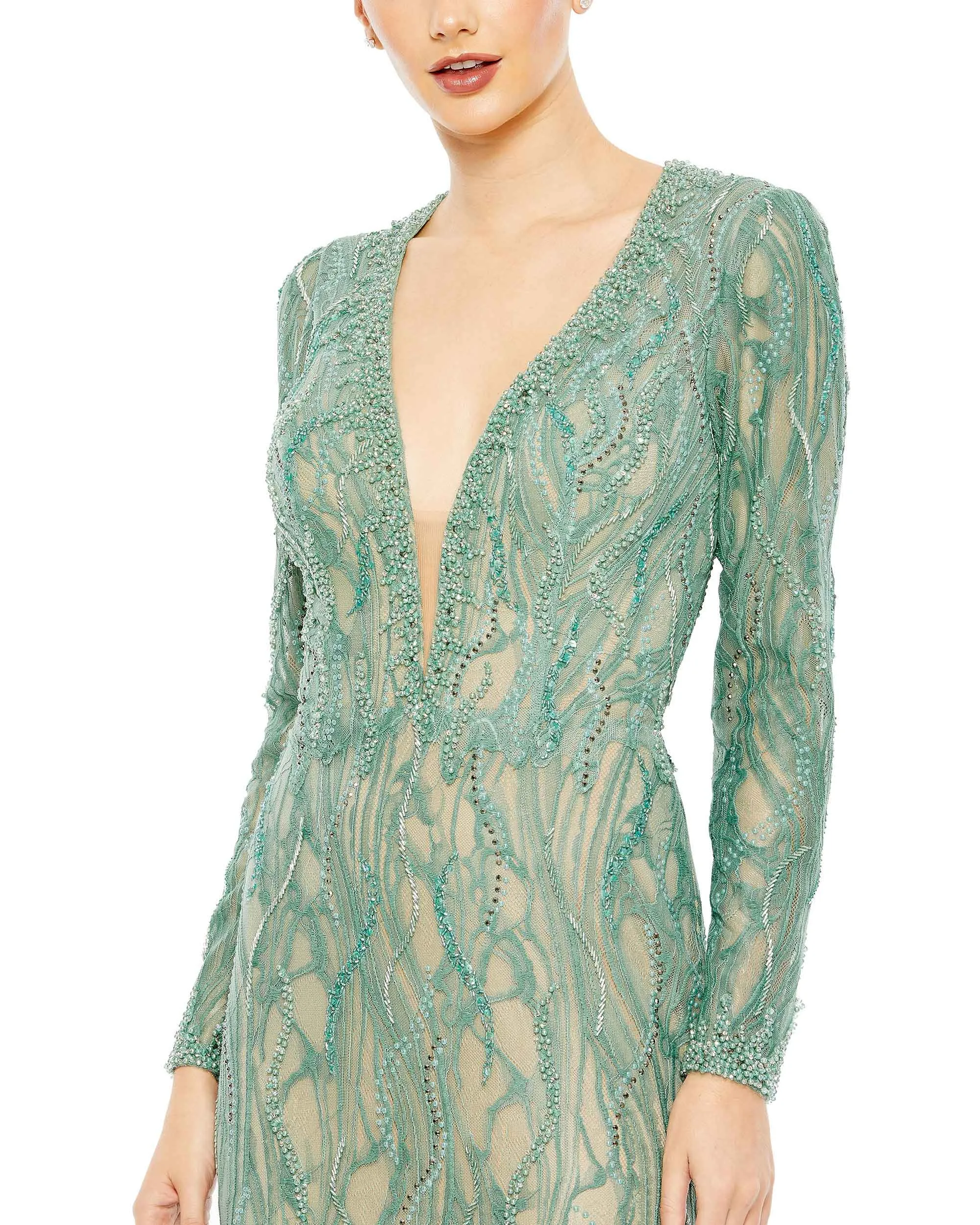 Beaded Illusion Long Sleeve Plunge Neck Gown