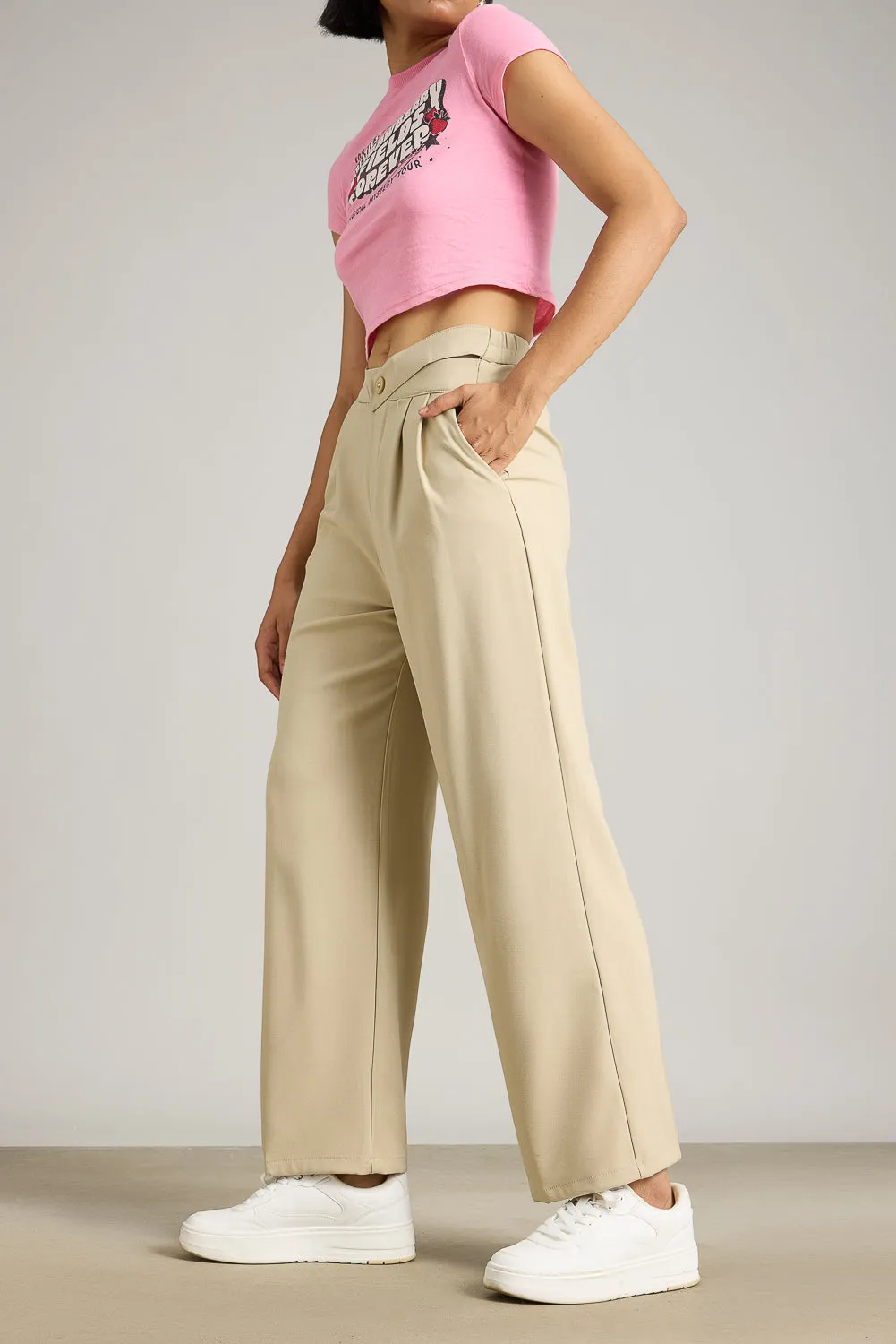 Beige Pleated Formal Korean Pants