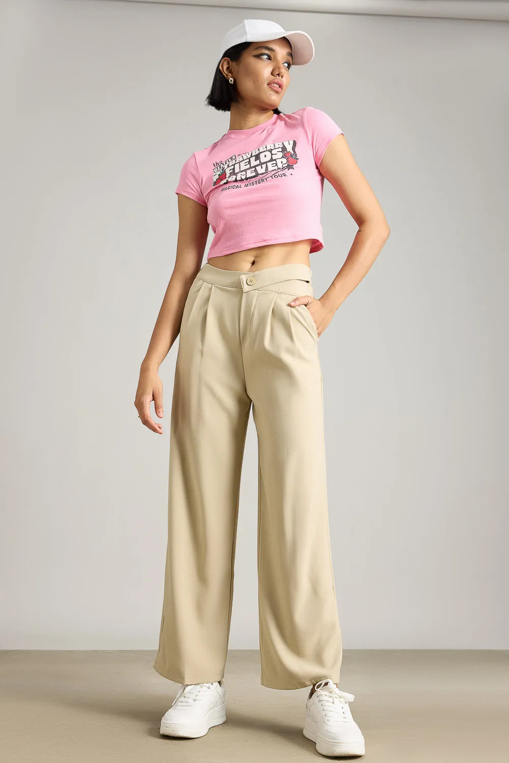 Beige Pleated Formal Korean Pants