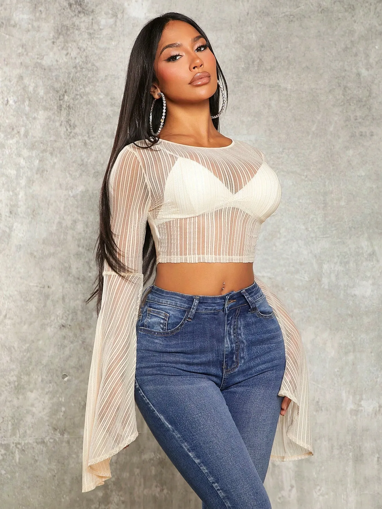 Bell Sleeve Mesh Top Without Bra