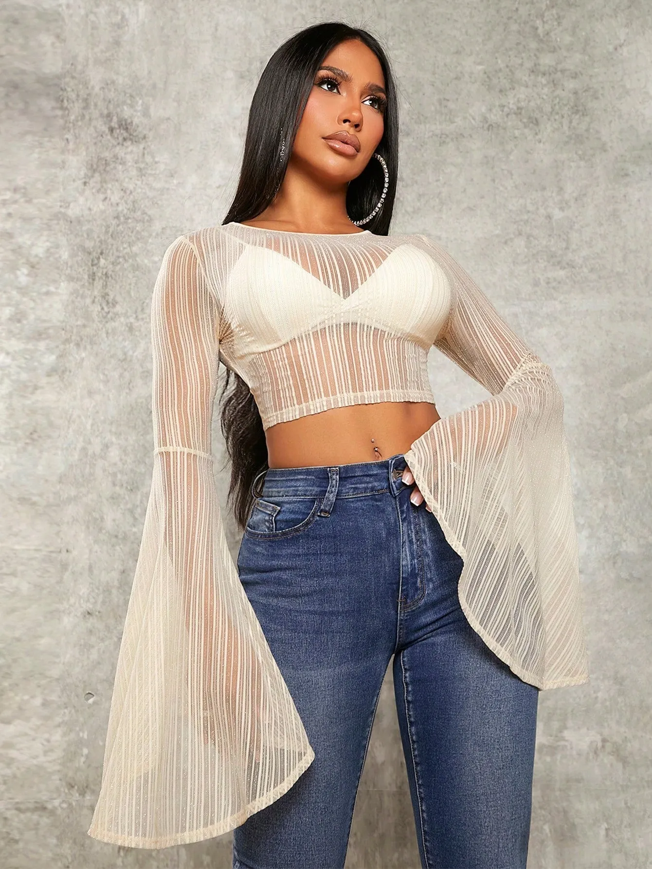 Bell Sleeve Mesh Top Without Bra