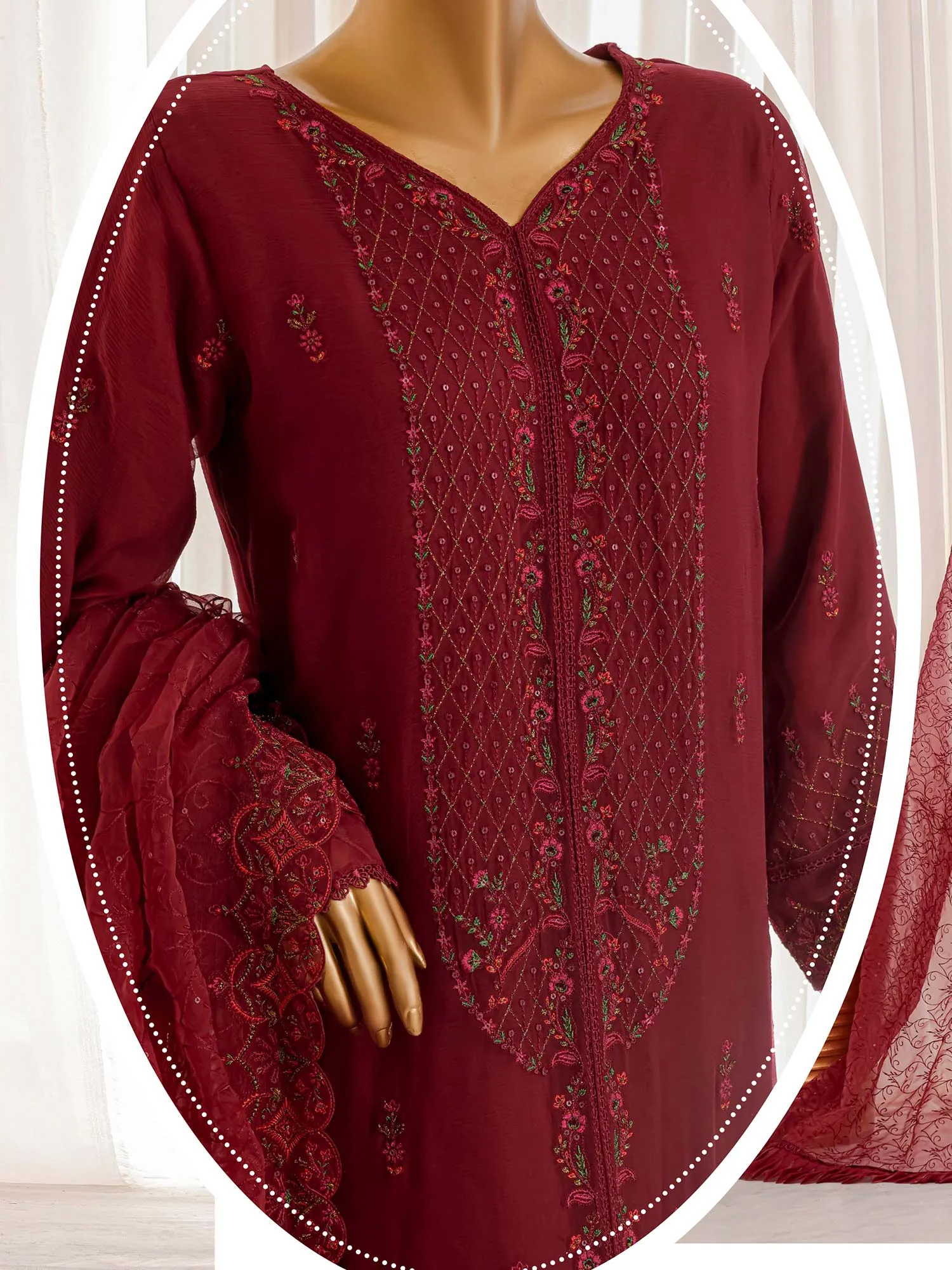 Bin Saeed Luxury Embroidered Maroon Organza Suit