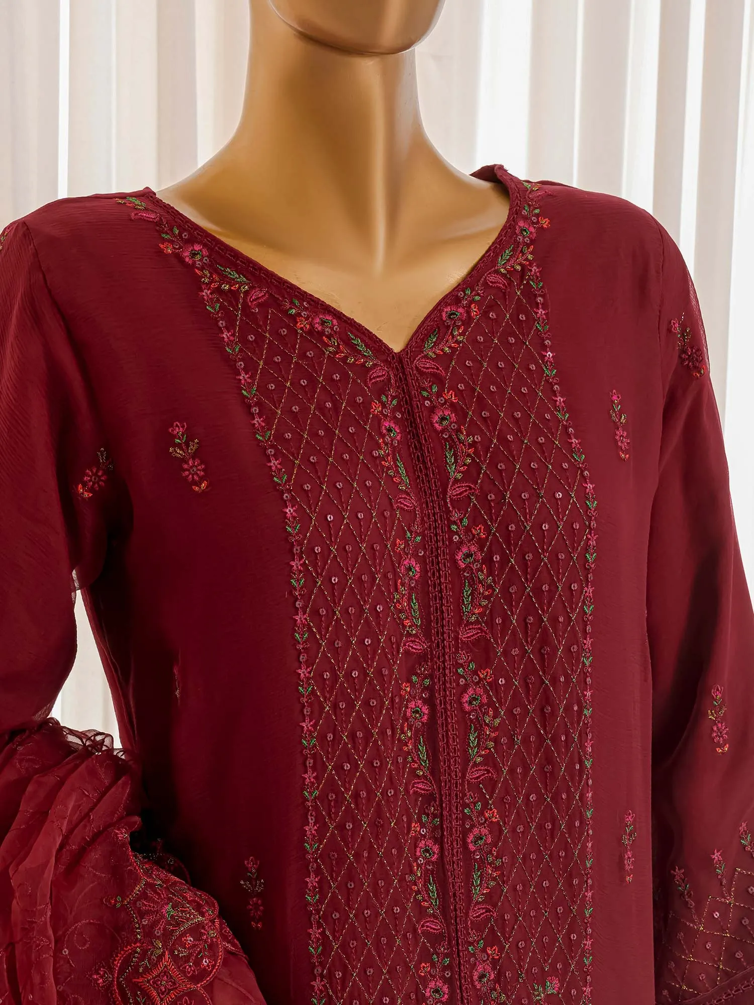 Bin Saeed Luxury Embroidered Maroon Organza Suit