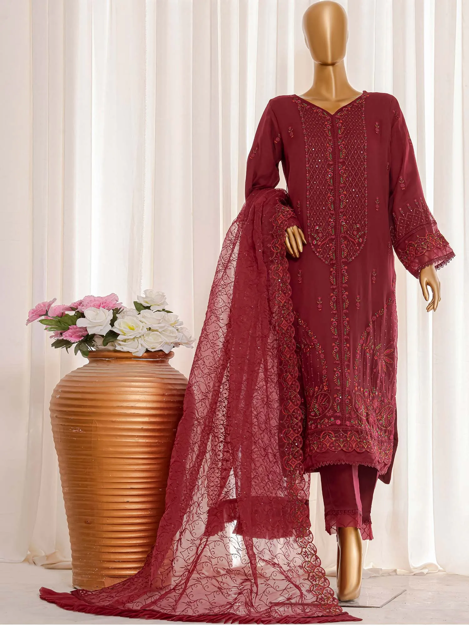 Bin Saeed Luxury Embroidered Maroon Organza Suit