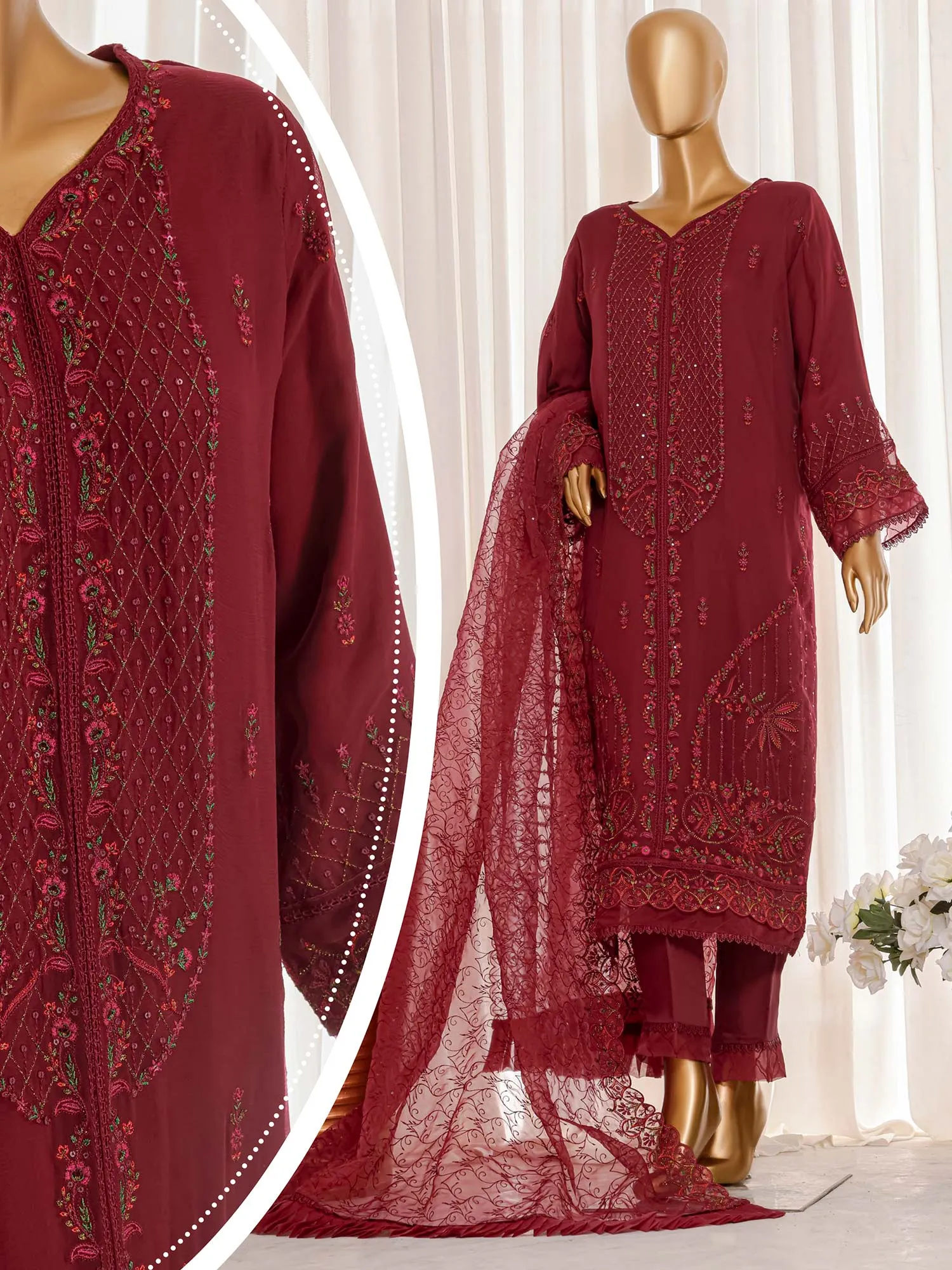 Bin Saeed Luxury Embroidered Maroon Organza Suit