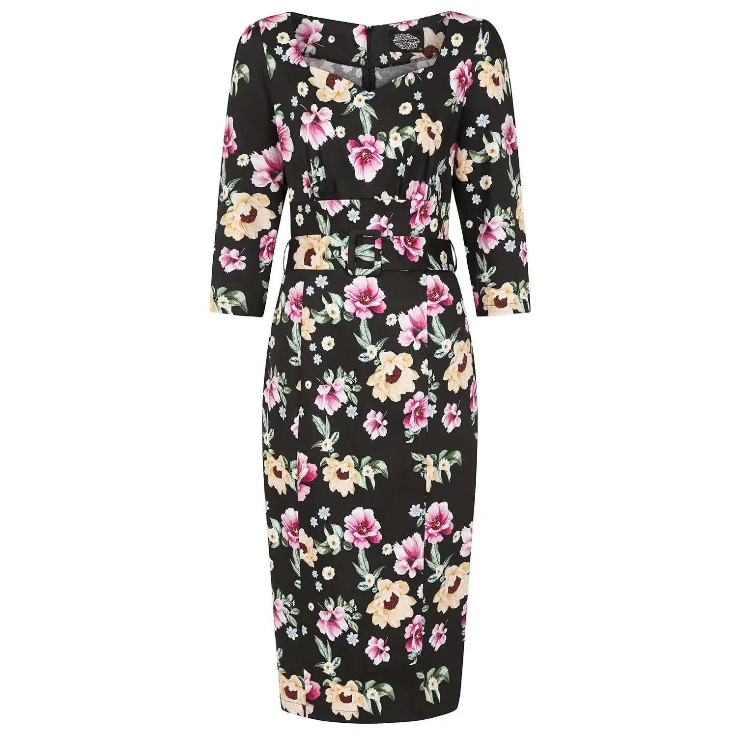 Black Pink Floral Wiggle Dress with Belt & Cut-out Neckline