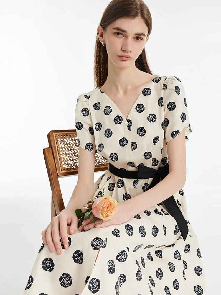 Black Rose Printed V-Neck Petal Sleeves Women Midi Dress With Belt