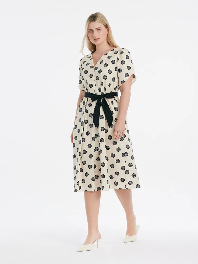 Black Rose Printed V-Neck Petal Sleeves Women Midi Dress With Belt