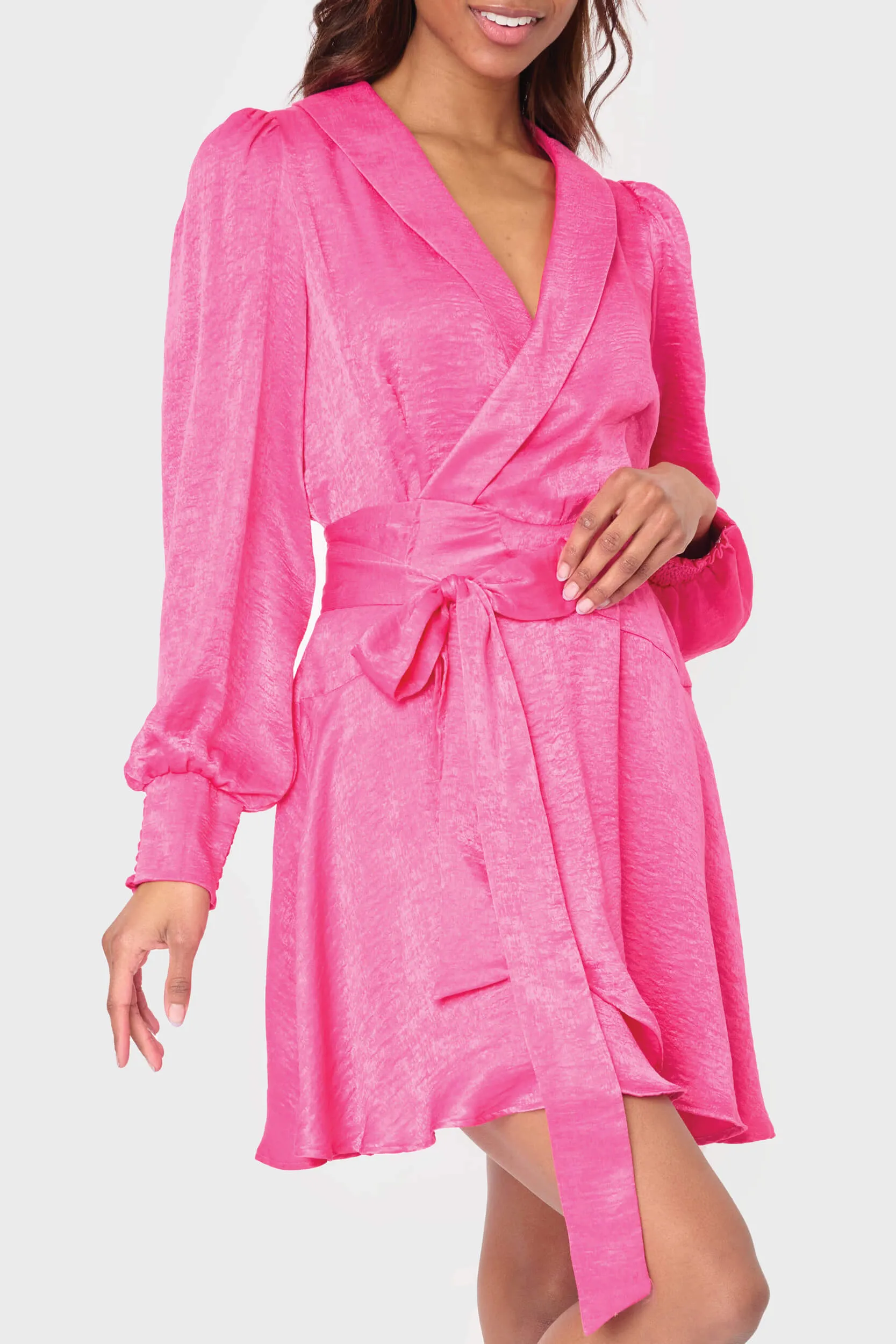 Blouson Sleeve Belted Satin Wrap Dress