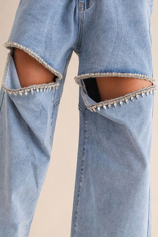 Blue B Washed Denim Cut Front Rhinestone Jeans