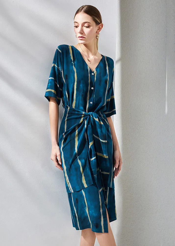 Blue Silk Striped Half Sleeve Dress