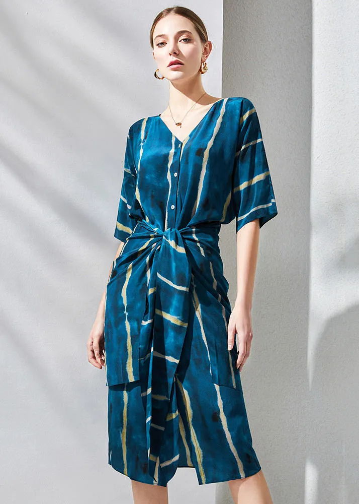 Blue Silk Striped Half Sleeve Dress