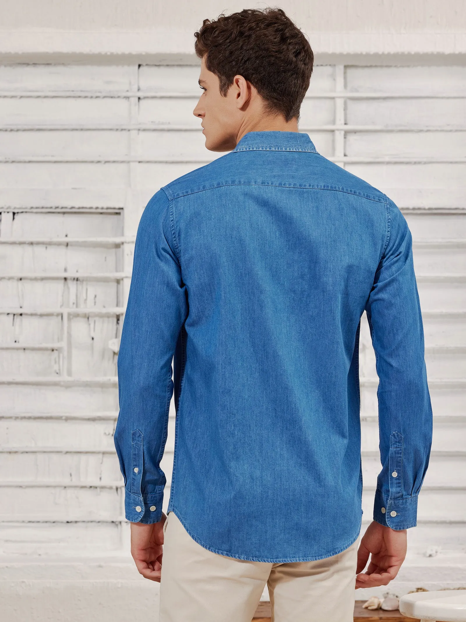 Blue Solid Denim Shirt