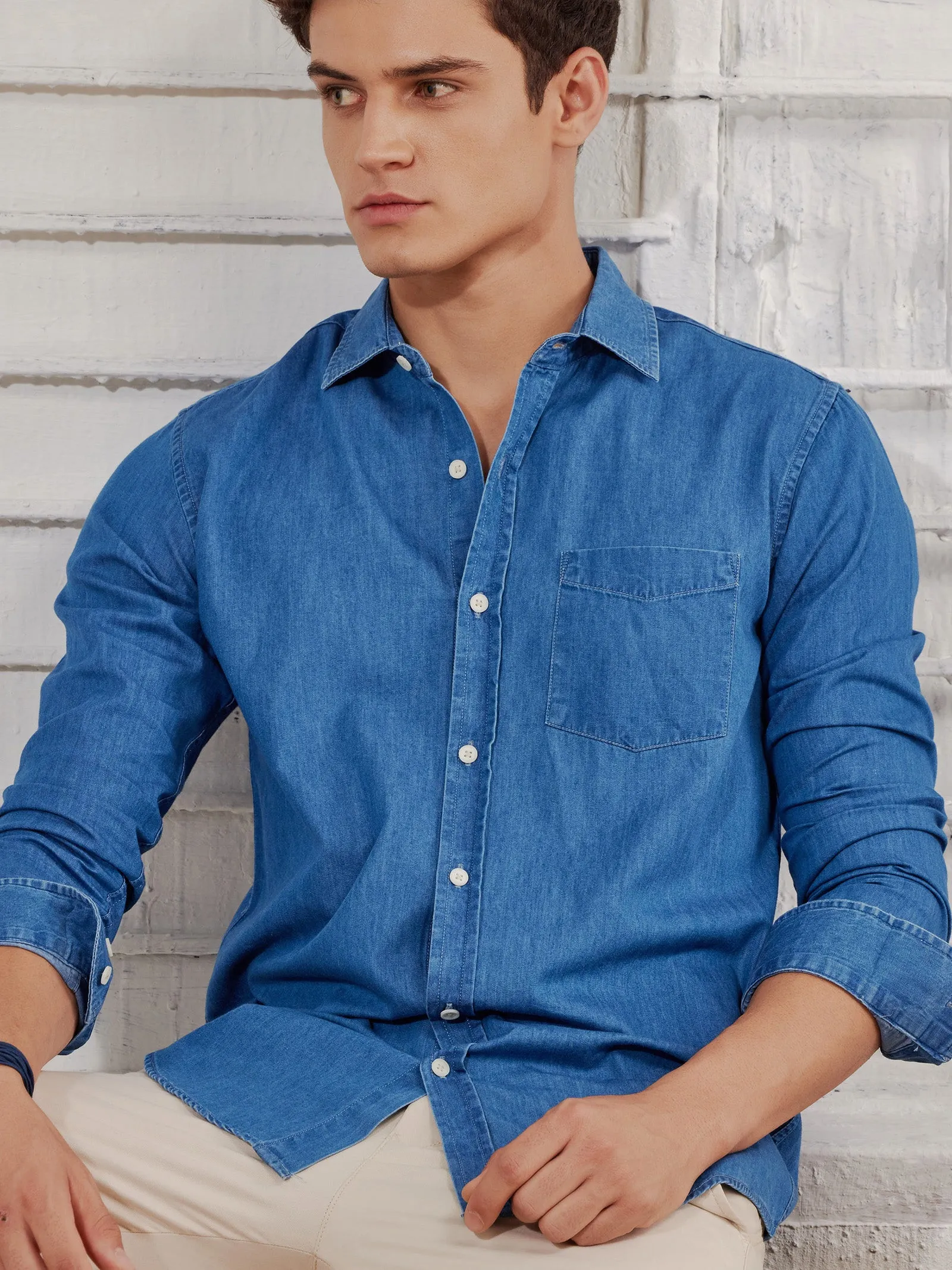 Blue Solid Denim Shirt