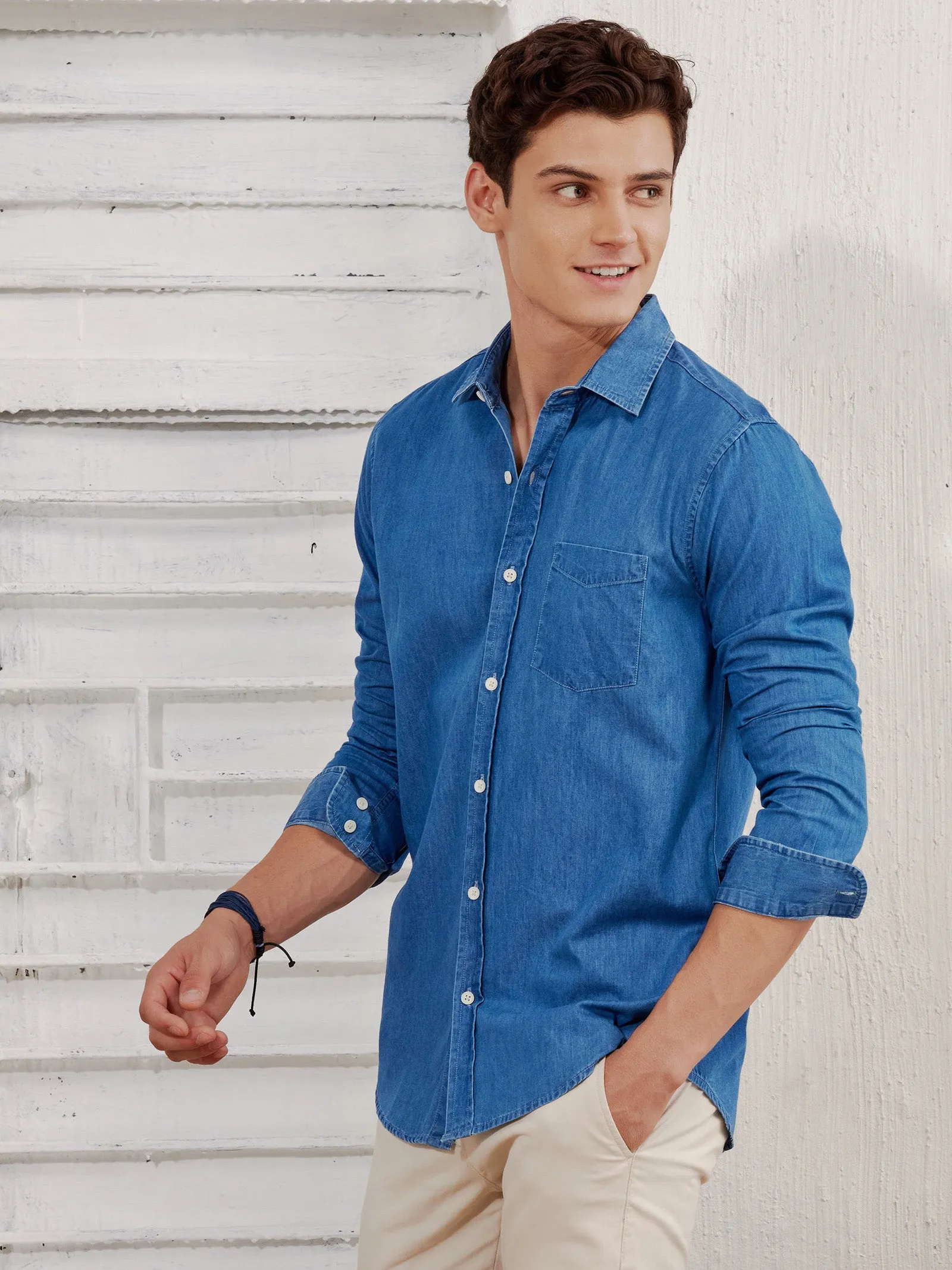 Blue Solid Denim Shirt