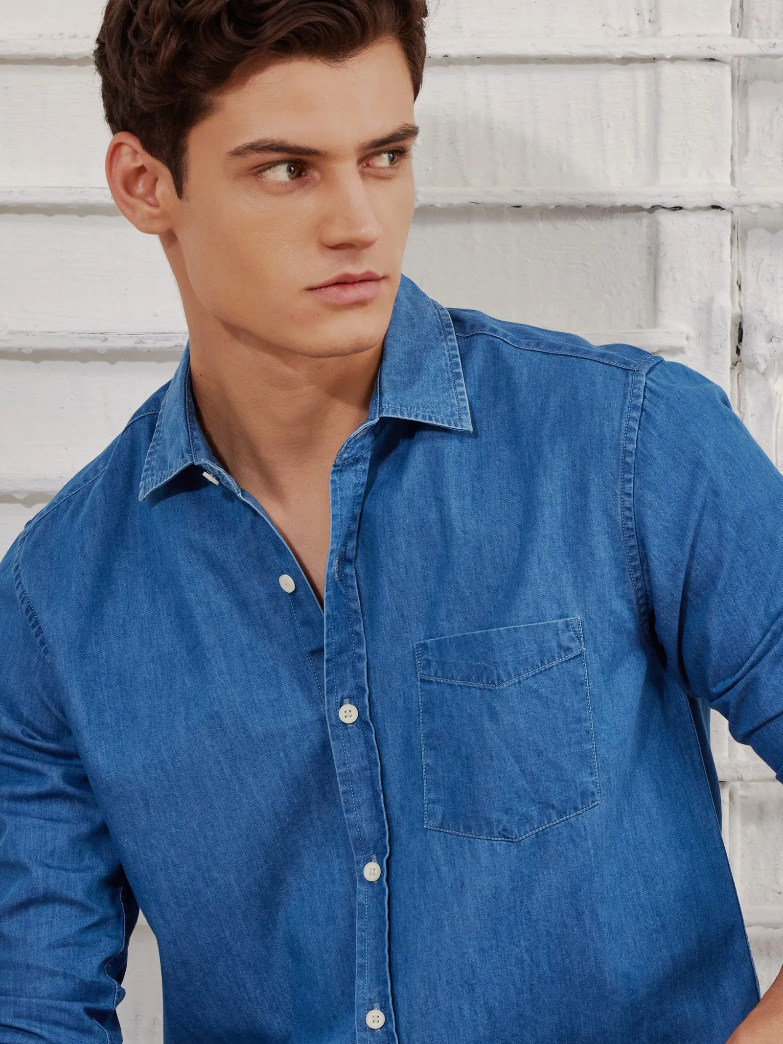 Blue Solid Denim Shirt