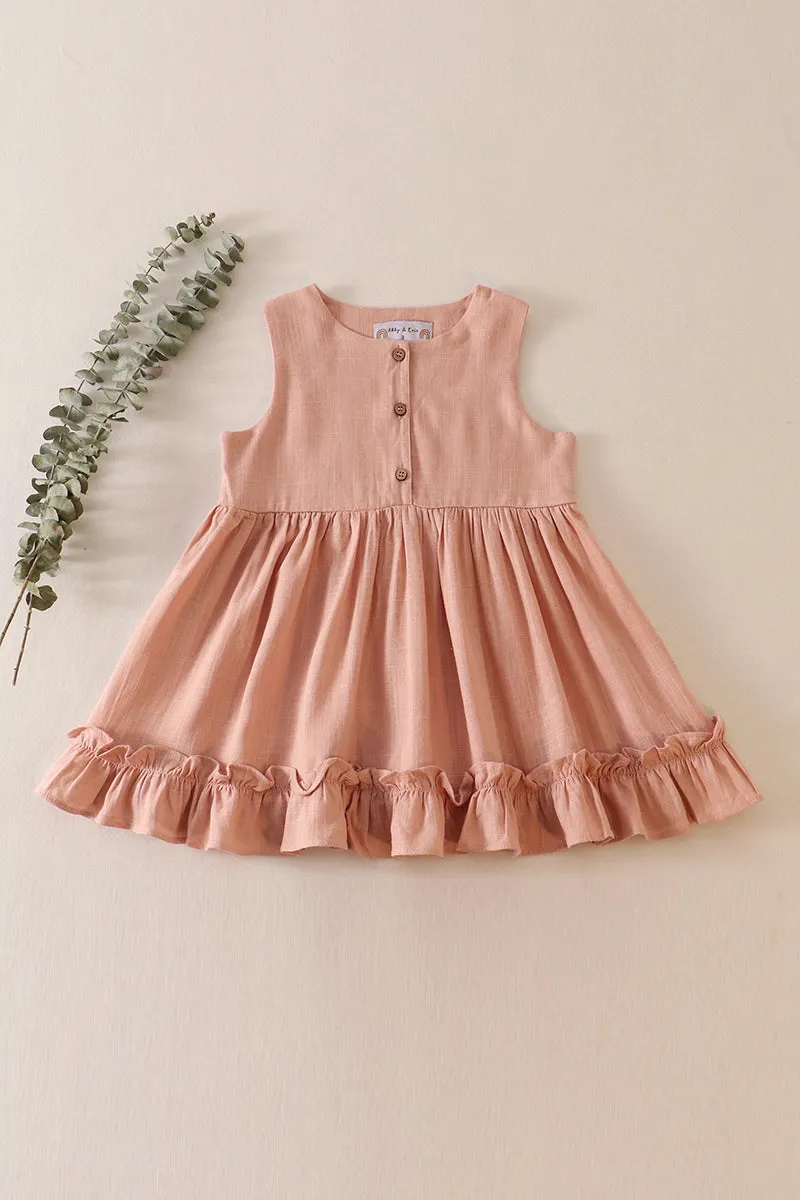 Blush ruffle button linen dress